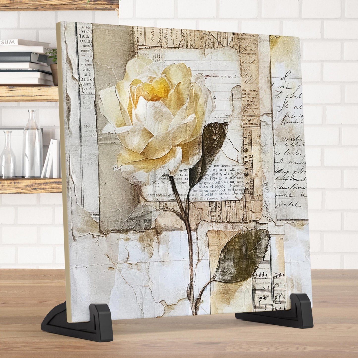 Ceramic Art Tile - Elegant Floral Print in Neutral Tones - Home Decor - Abstract Flower - Mixed Media Print - Thoughtful Gift
