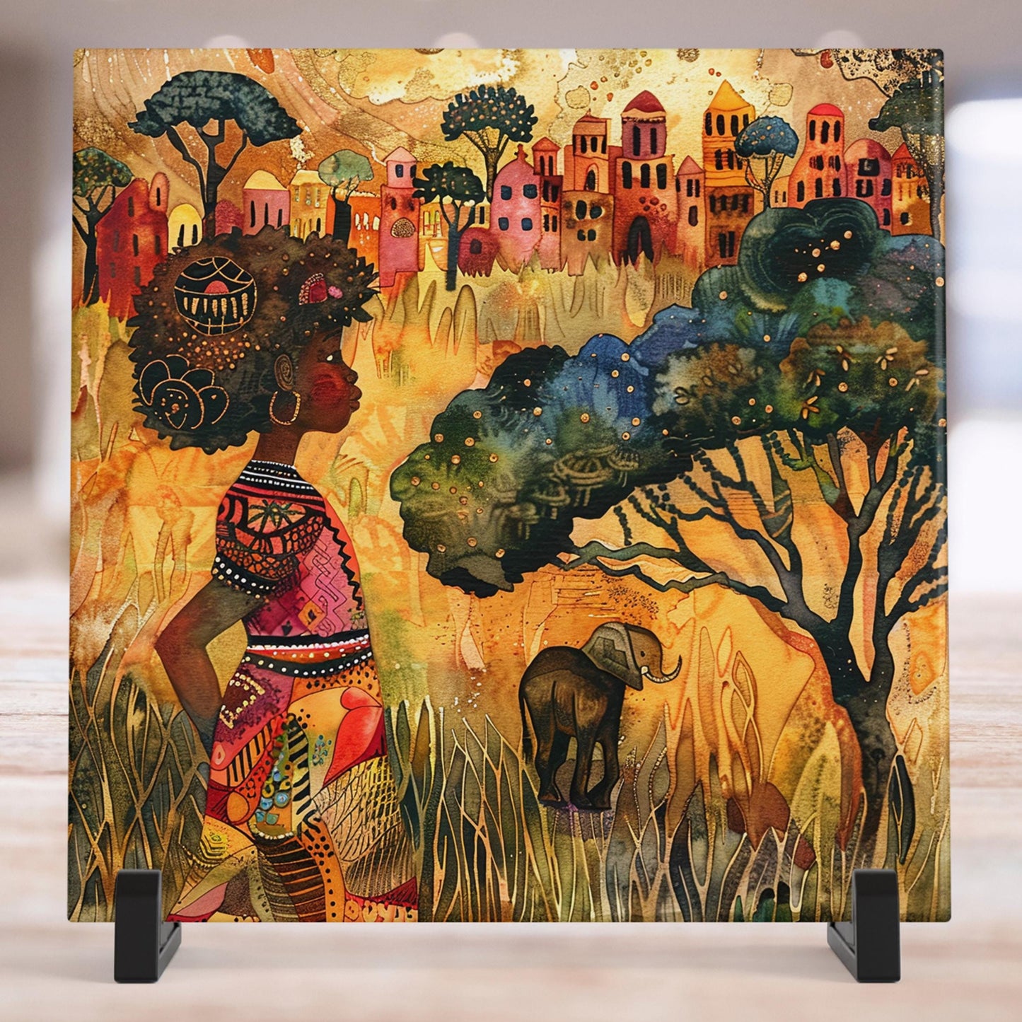 African Print Ceramic Art Tile - Stunning Minimalist African Print - Decorative Wall Hanging - Black Art - Home Decor