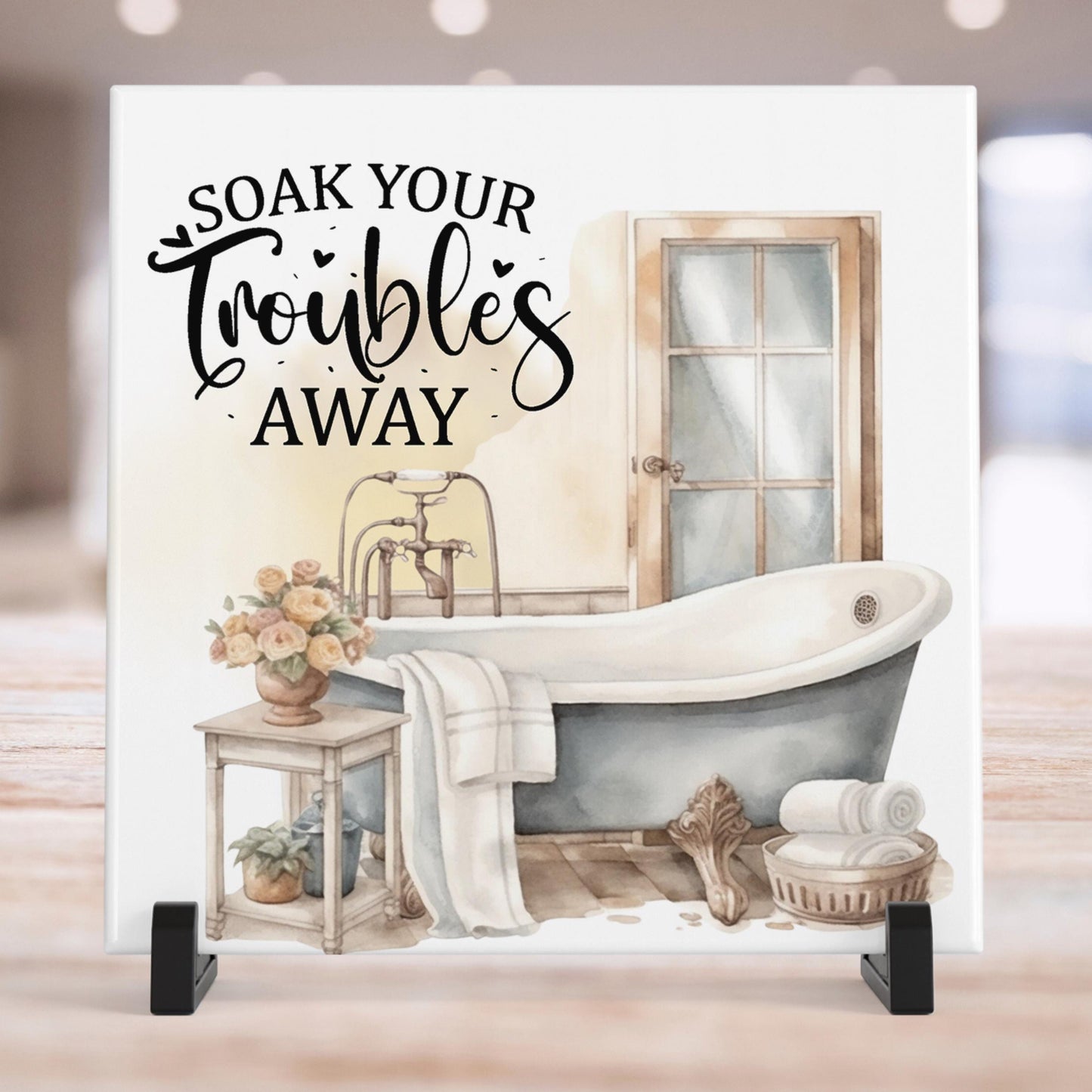 Bathroom Art: Decorative Ceramic Tile for Home - Stylish Wall Sign to Brighten Up Your Bathroom - Soak Your Troubles Away - Gallery Wall