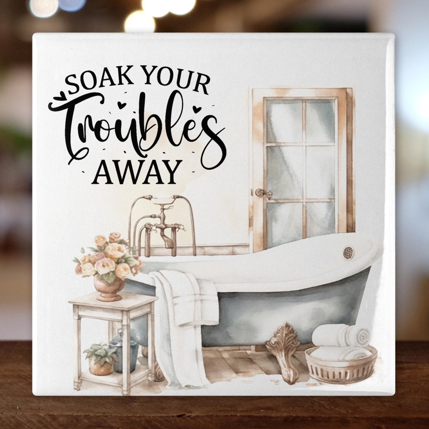 Bathroom Art: Decorative Ceramic Tile for Home - Stylish Wall Sign to Brighten Up Your Bathroom - Soak Your Troubles Away - Gallery Wall