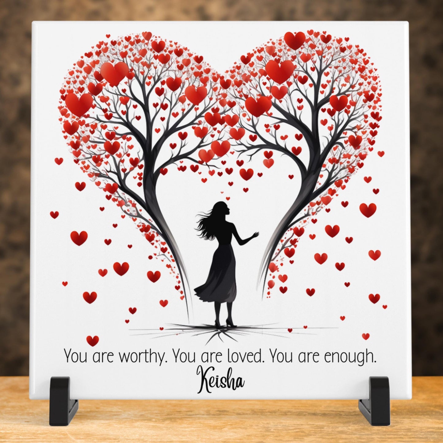 Ceramic Tile Heart Tree Art, Empowering "You Are Enough" Decor for Women, Thoughtful Gift for Friendship or Self-Care, Valentines Day Gift