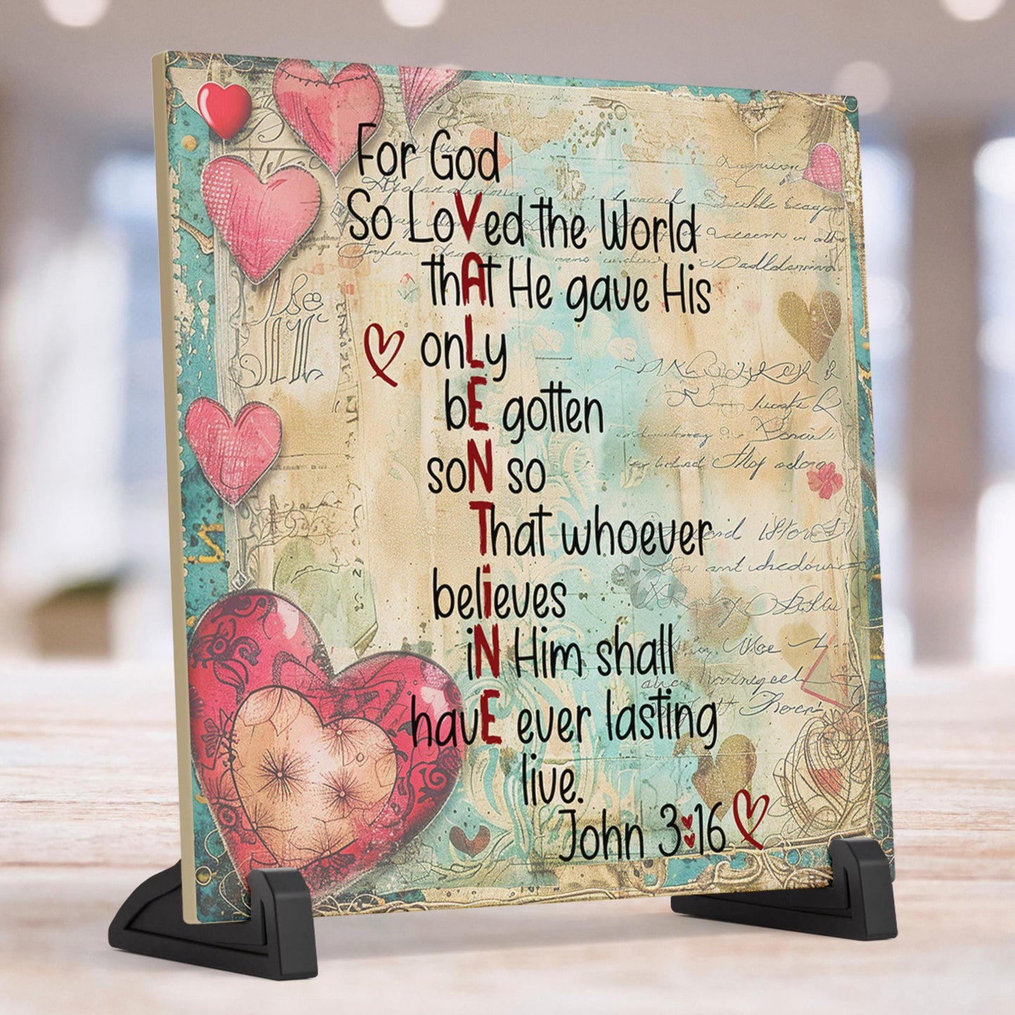 Valentine Scripture Tile Art, For God So Loved the World, Unique Christian Gift for Loved Ones, Valentine Art