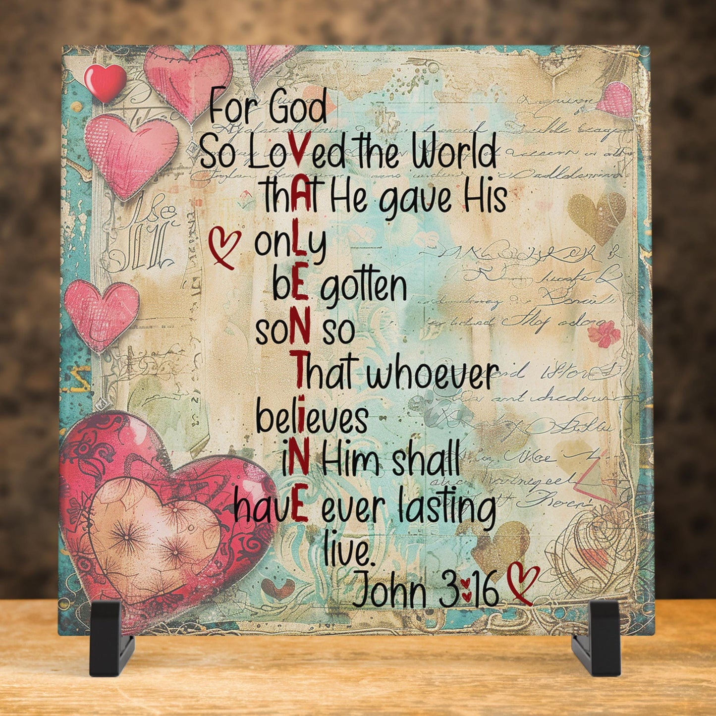 Valentine Scripture Tile Art, For God So Loved the World, Unique Christian Gift for Loved Ones, Valentine Art
