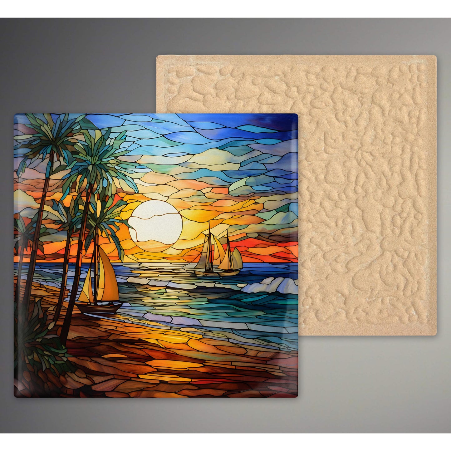Ocean Waves Stained Glass Look Art, Beautiful Ceramic Tile for Artful Display and Perfect Gift Idea