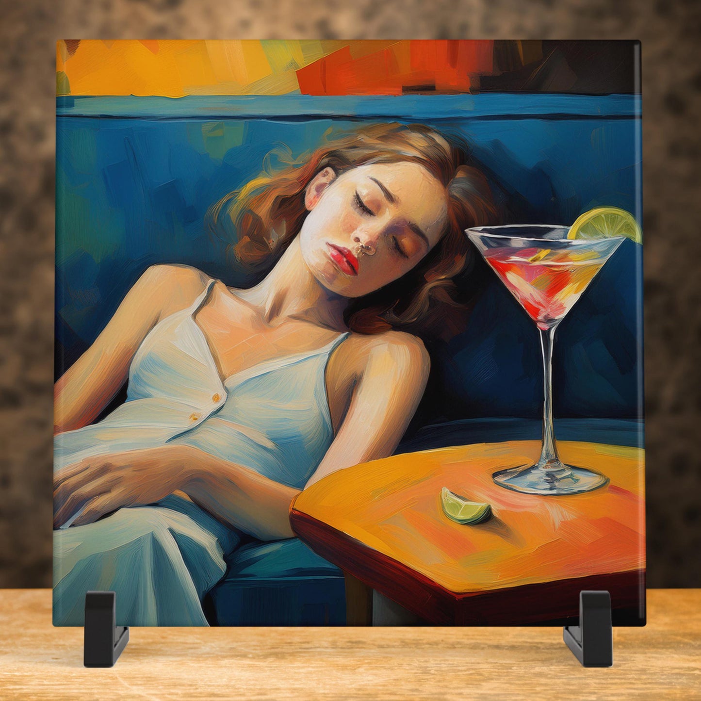 Woman With a Martini on Couch - Aesthetic Oil Painting - Cocktail Art, Bar Cart Decor - Trendy Kitchen Art, Tile Ceramic Art - Wall Art