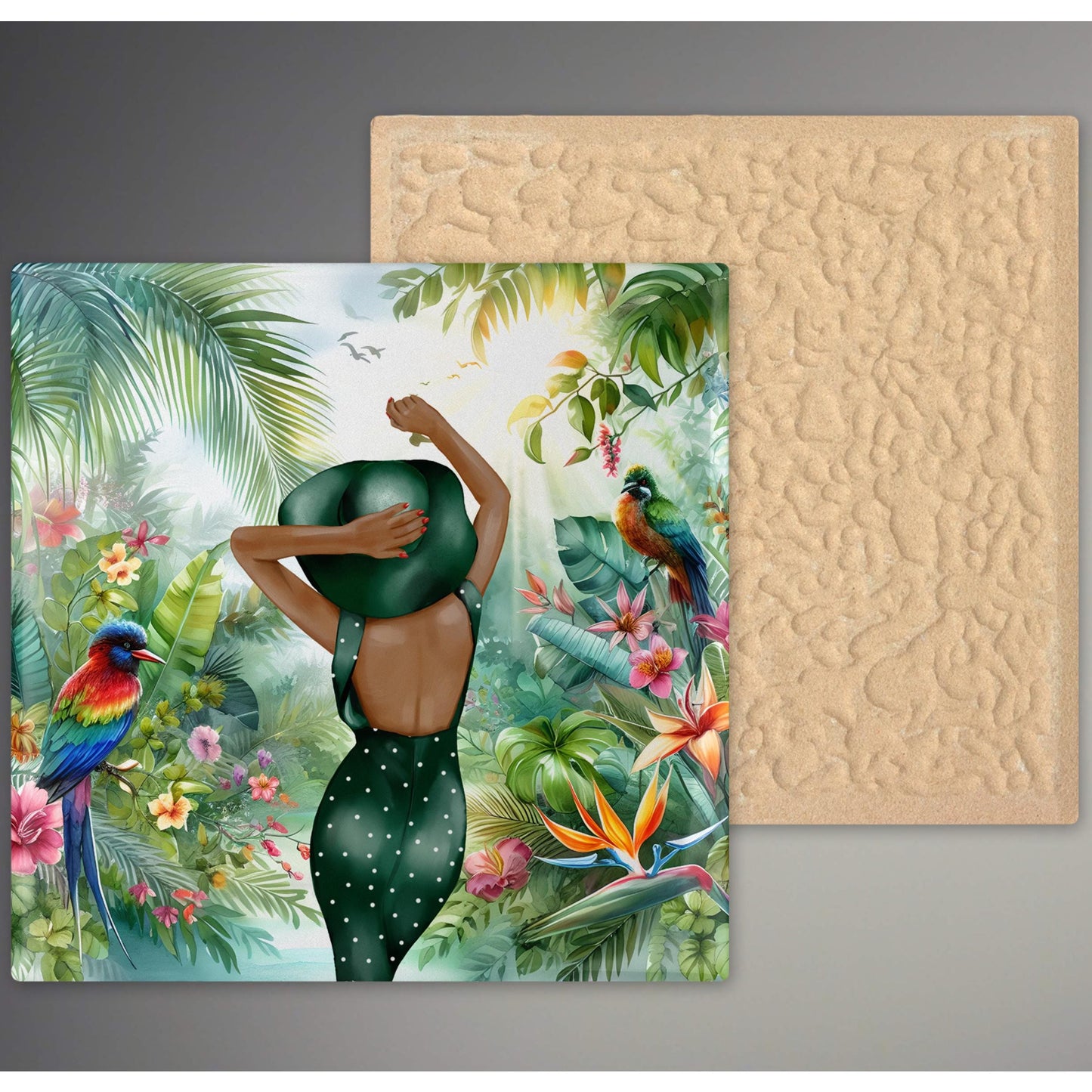 Ceramic Wall Art Tile - Vibrant Tropical Bird Print Square Trivet for Serving - Perfect Housewarming Gift for Garden Enthusiasts