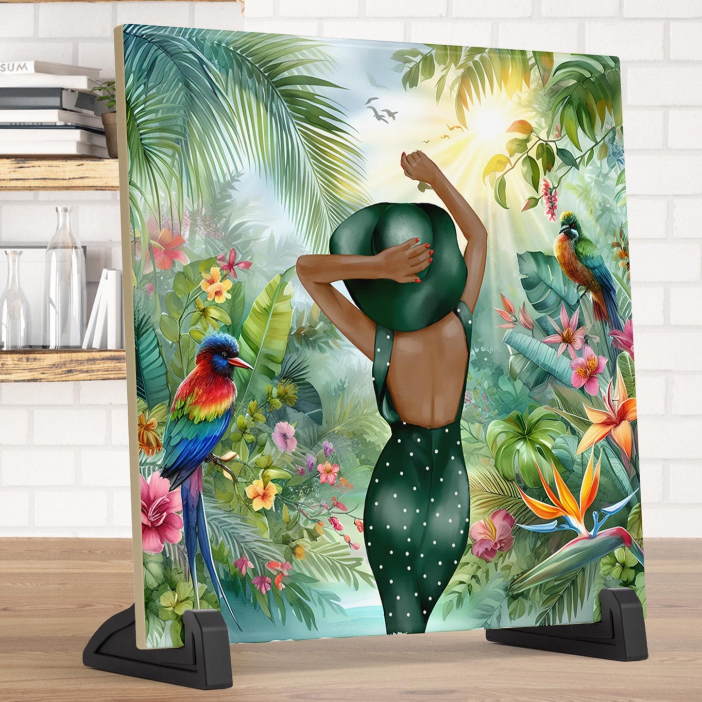 Ceramic Wall Art Tile - Vibrant Tropical Bird Print Square Trivet for Serving - Perfect Housewarming Gift for Garden Enthusiasts