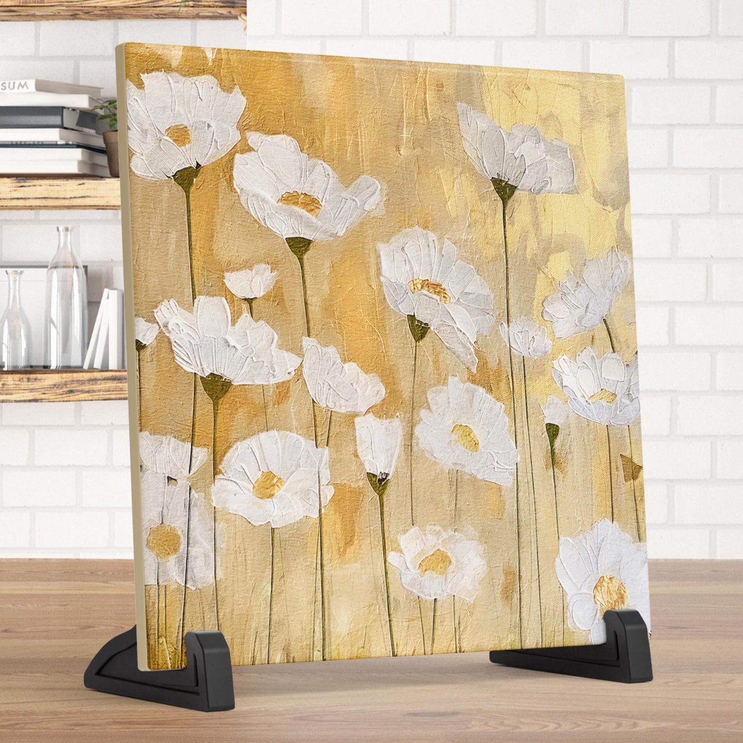 Ceramic Art Tile - Elegant Floral Print in Neutral Tones - Home Decor - Abstract Flower - Mixed Media Print - Thoughtful Gift