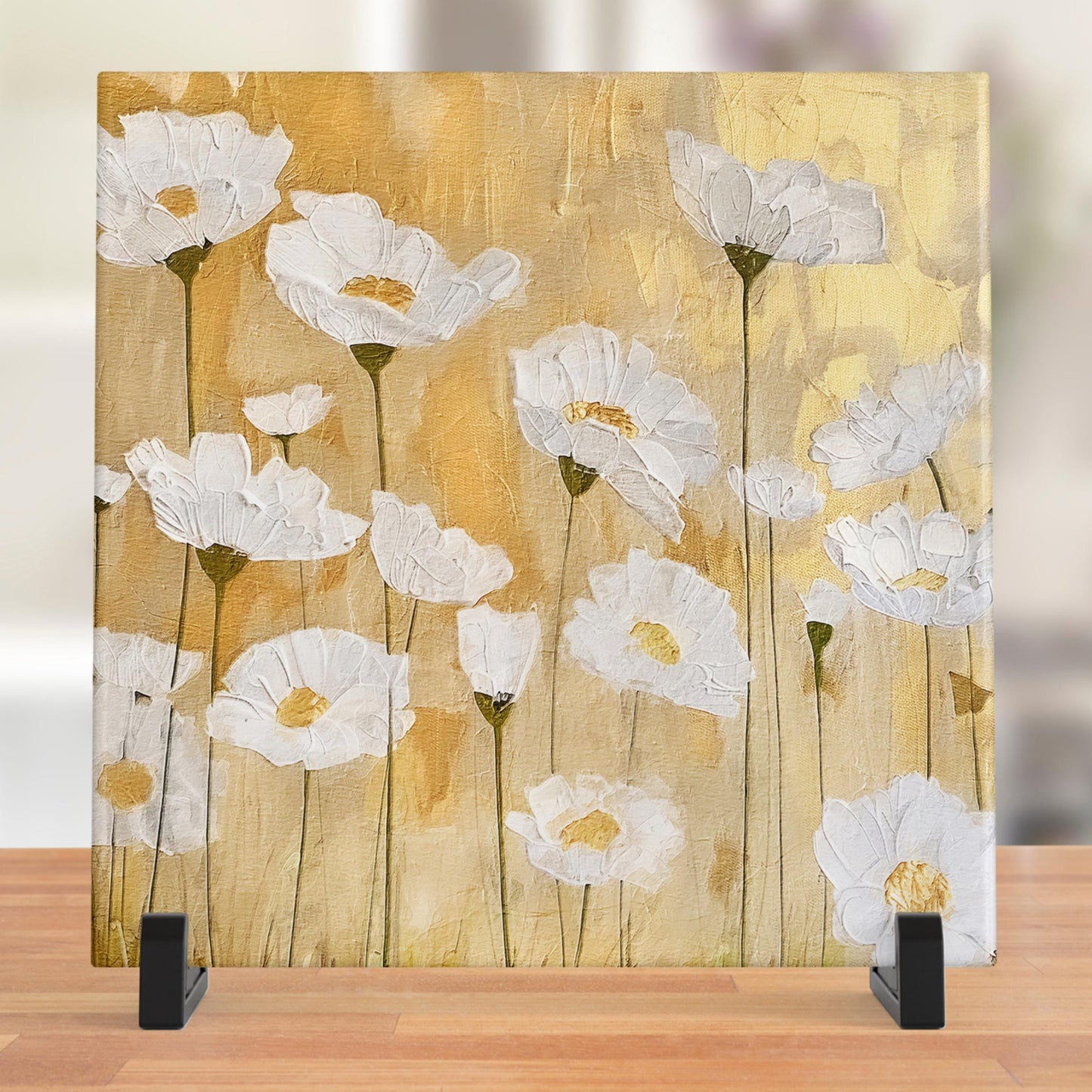 Ceramic Art Tile - Elegant Floral Print in Neutral Tones - Home Decor - Abstract Flower - Mixed Media Print - Thoughtful Gift