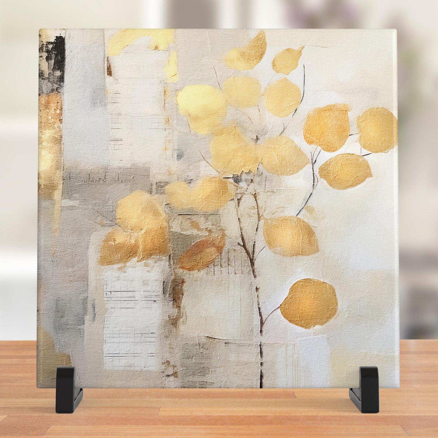 Floral Art Print | Elegant Neutral Tones | Mixed Media Style Art Tile | Home Decor