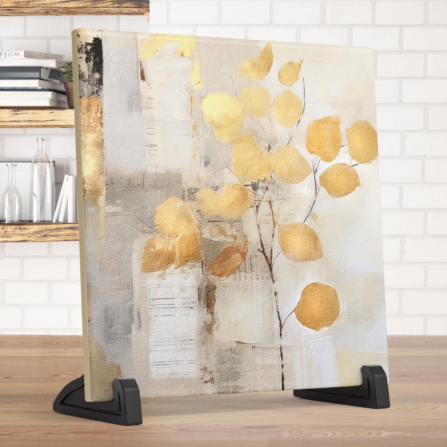 Floral Art Print | Elegant Neutral Tones | Mixed Media Style Art Tile | Home Decor