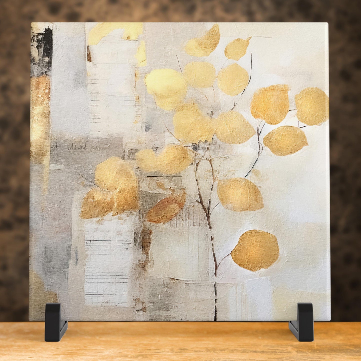 Floral Art Print | Elegant Neutral Tones | Mixed Media Style Art Tile | Home Decor