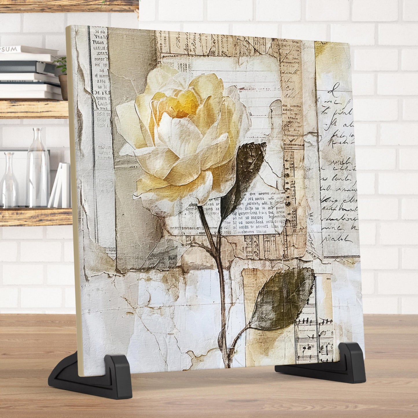Ceramic Art Tile - Elegant Floral Print in Neutral Tones - Home Decor - Abstract Flower - Mixed Media Print - Thoughtful Gift