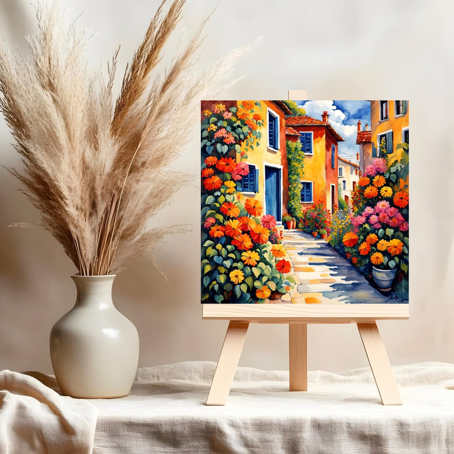 Village Street with Flowers Tile, Handmade Ceramic Wall Decor for Unique Home Accent, Perfect Nature Inspired Gift - Style #1