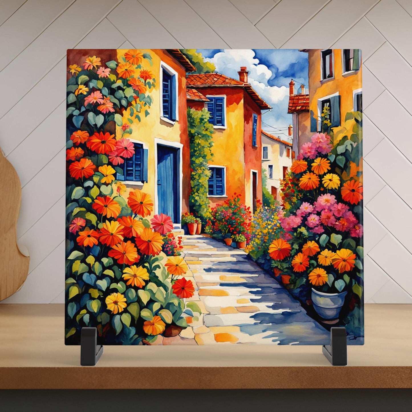 Village Street with Flowers Tile, Handmade Ceramic Wall Decor for Unique Home Accent, Perfect Nature Inspired Gift - Style #1
