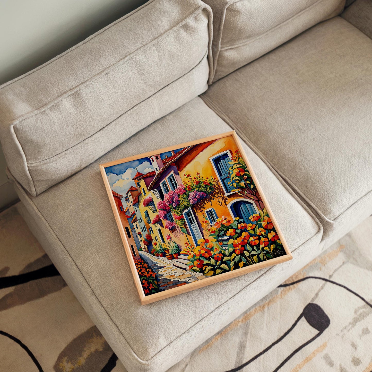 Village Streetscape with Flowers Tile, Handmade Ceramic Wall Decor for Unique Home Accent, Perfect Nature Inspired Gift - Style #2