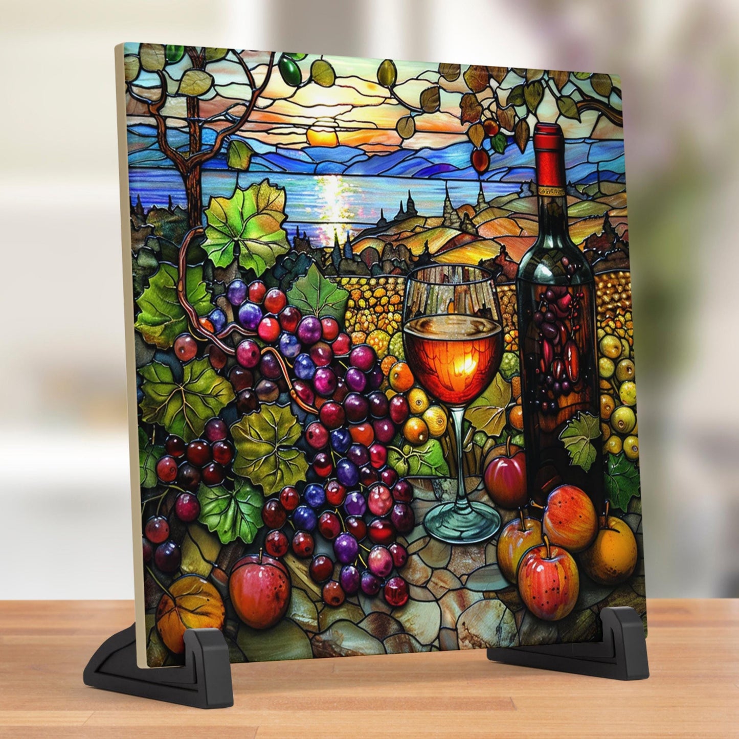 Wine Vineyard - Ceramic Art Tile, Stained Glass Accent for Kitchen Decor, Unique Wall Art Gift for Wine Lovers