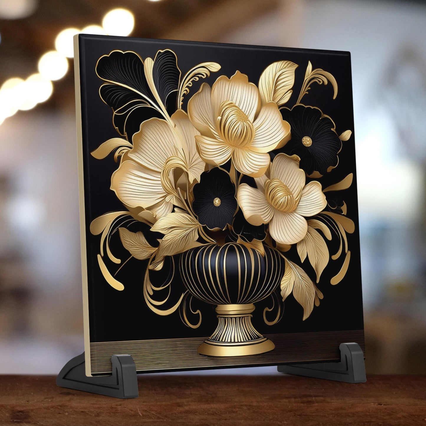 Art Deco Black and Gold Flowers in Vase Ceramic Tile Art - Stunning Art Nouveau Decorative Wall Hanging - Elegant Home Decor