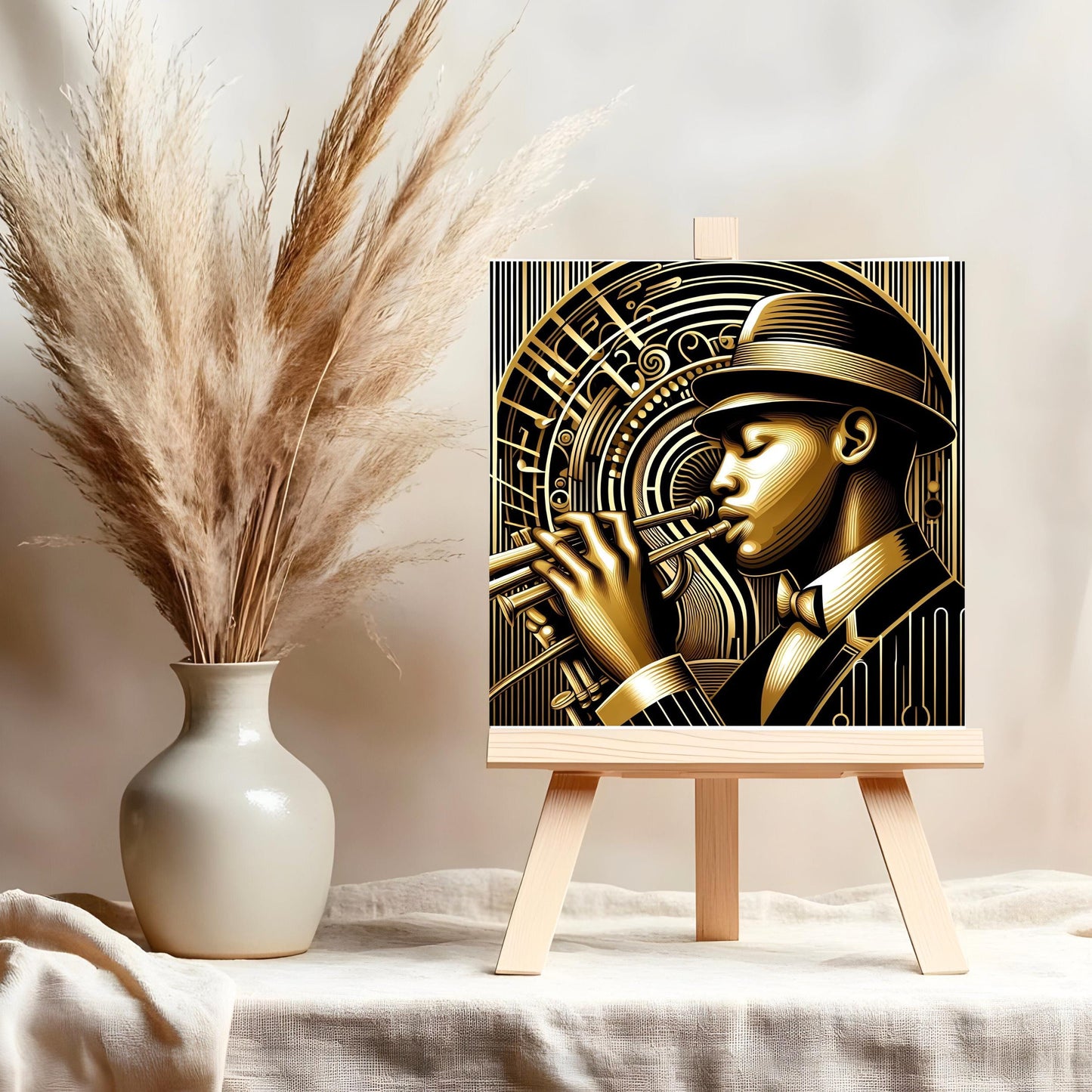 Art Nouveau Ceramic Tile - New Orleans Jazz Player - Art Deco Stunning Black and Gold Decorative Wall Hanging - Black Art - Home Decor