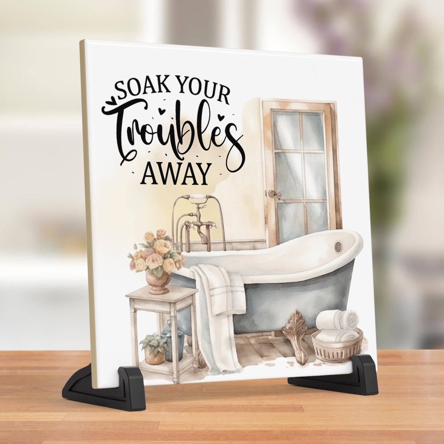 Bathroom Art: Decorative Ceramic Tile for Home - Stylish Wall Sign to Brighten Up Your Bathroom - Soak Your Troubles Away - Gallery Wall