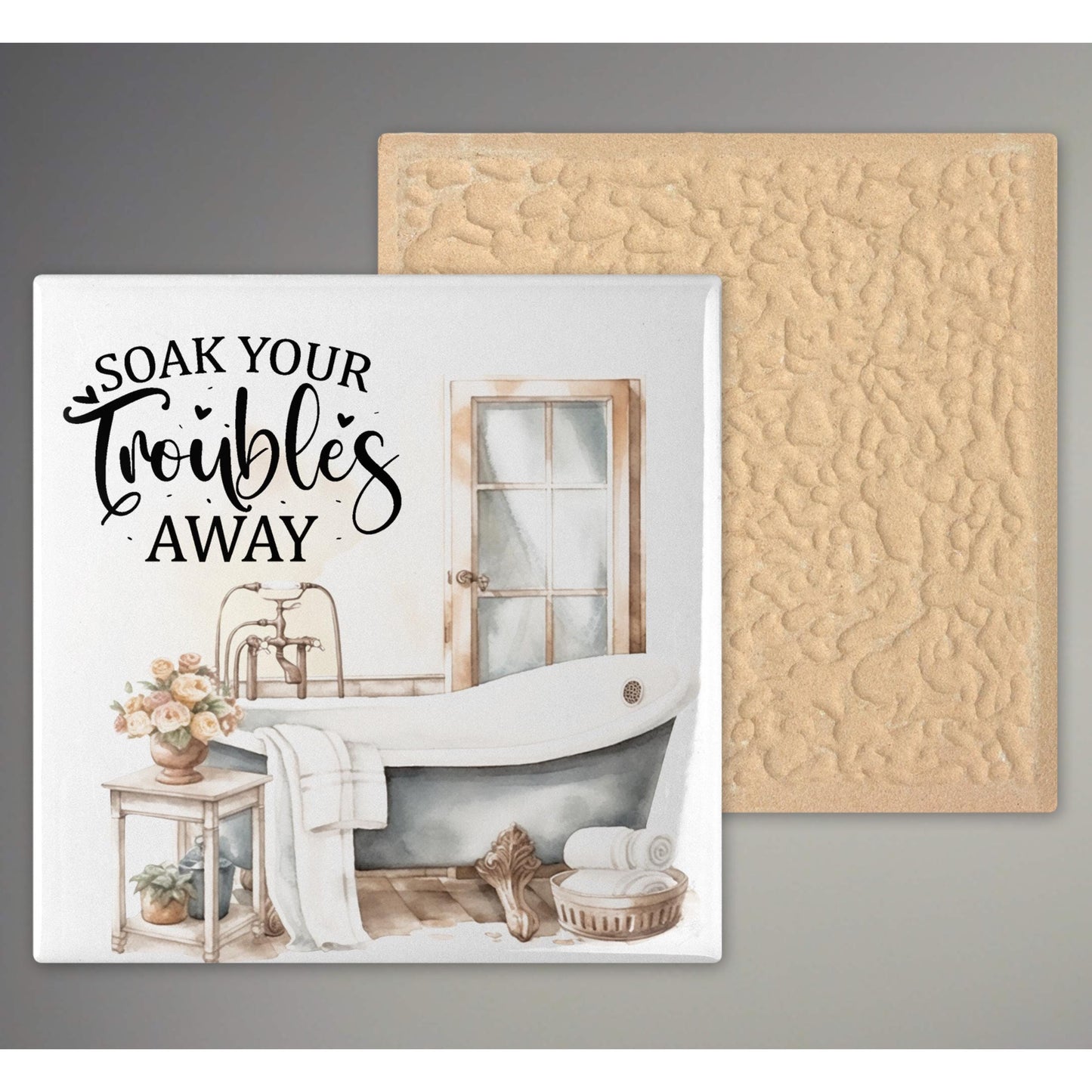 Bathroom Art: Decorative Ceramic Tile for Home - Stylish Wall Sign to Brighten Up Your Bathroom - Soak Your Troubles Away - Gallery Wall