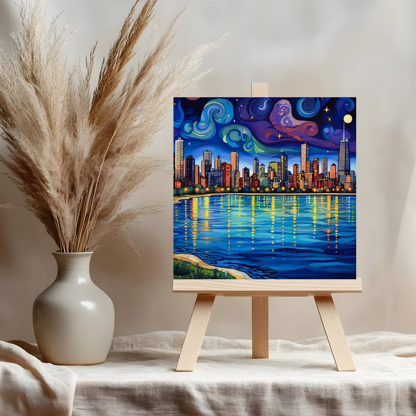 Chicago Starry Night Ceramic Art Tile, Iconic Chicago Lakefront Design, Whimsical City, Galley Wall Hanging, Chicago Art