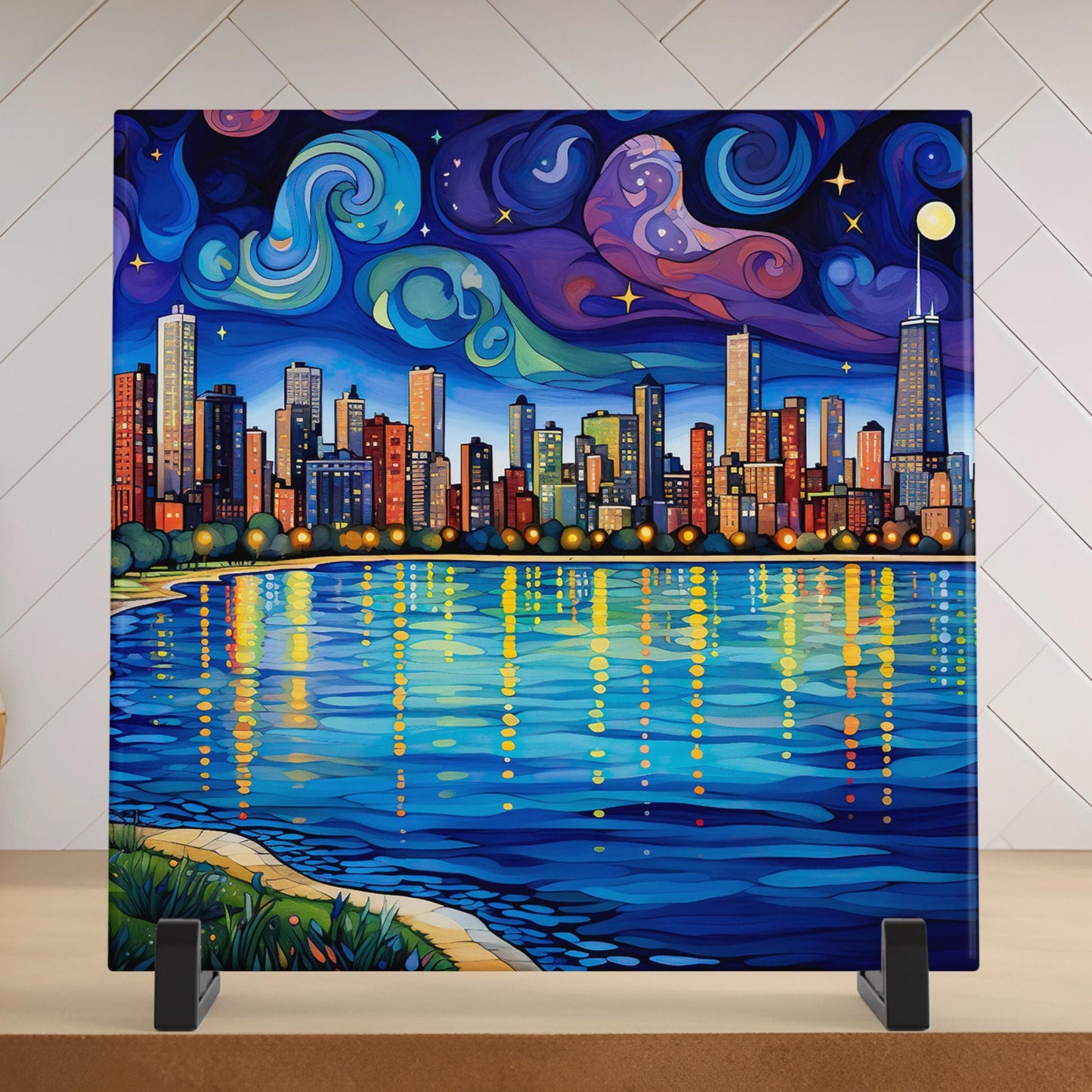 Chicago Starry Night Ceramic Art Tile, Iconic Chicago Lakefront Design, Whimsical City, Galley Wall Hanging, Chicago Art