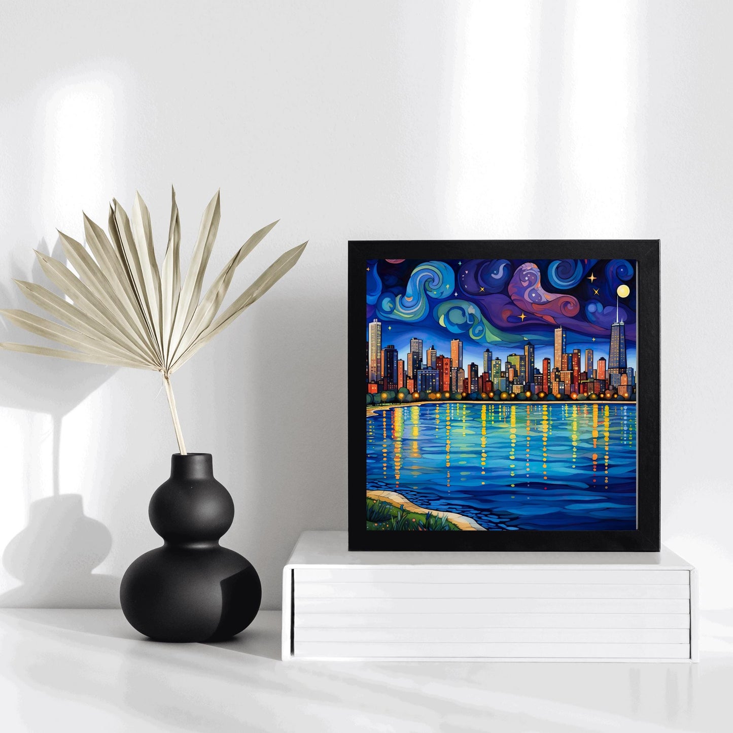 Chicago Starry Night Ceramic Art Tile, Iconic Chicago Lakefront Design, Whimsical City, Galley Wall Hanging, Chicago Art