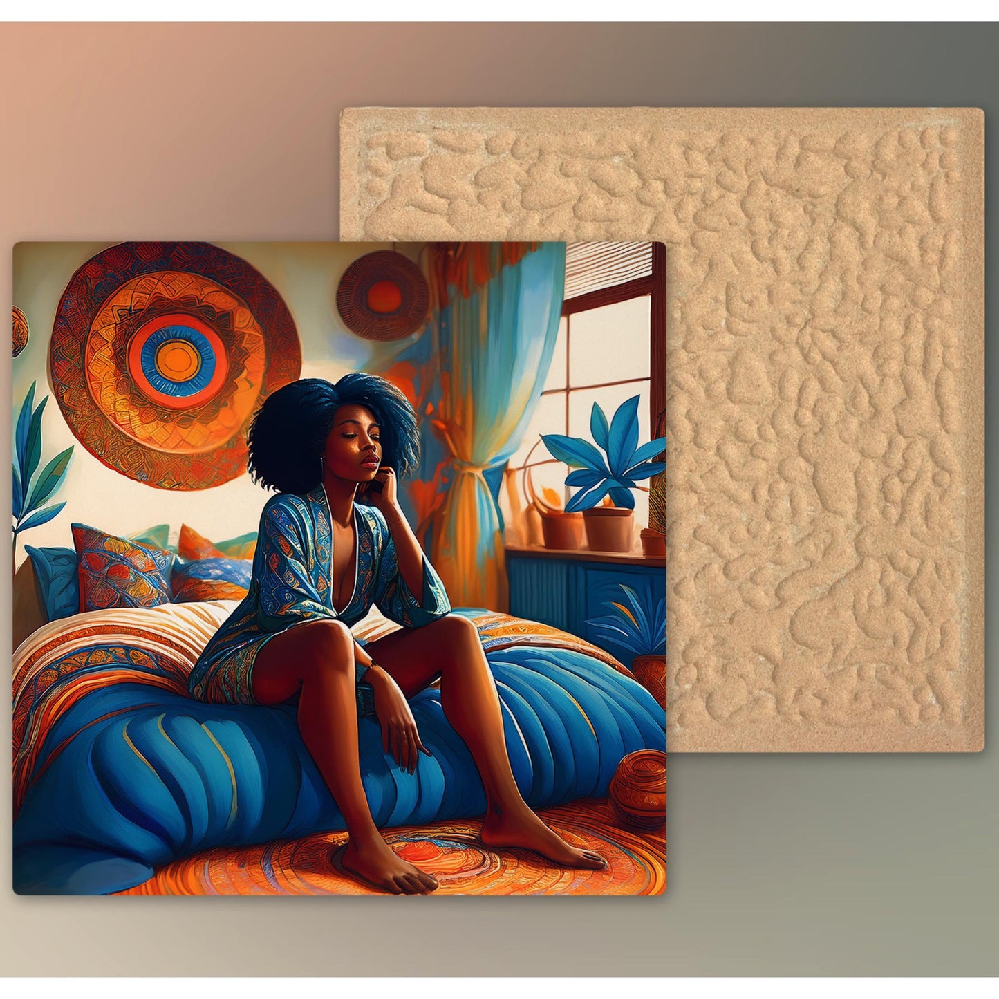 Black Woman in a Cozy Bedroom Tile | African American Art | Vibrant Home Decor & Black Girl Magic | Self Love Decor