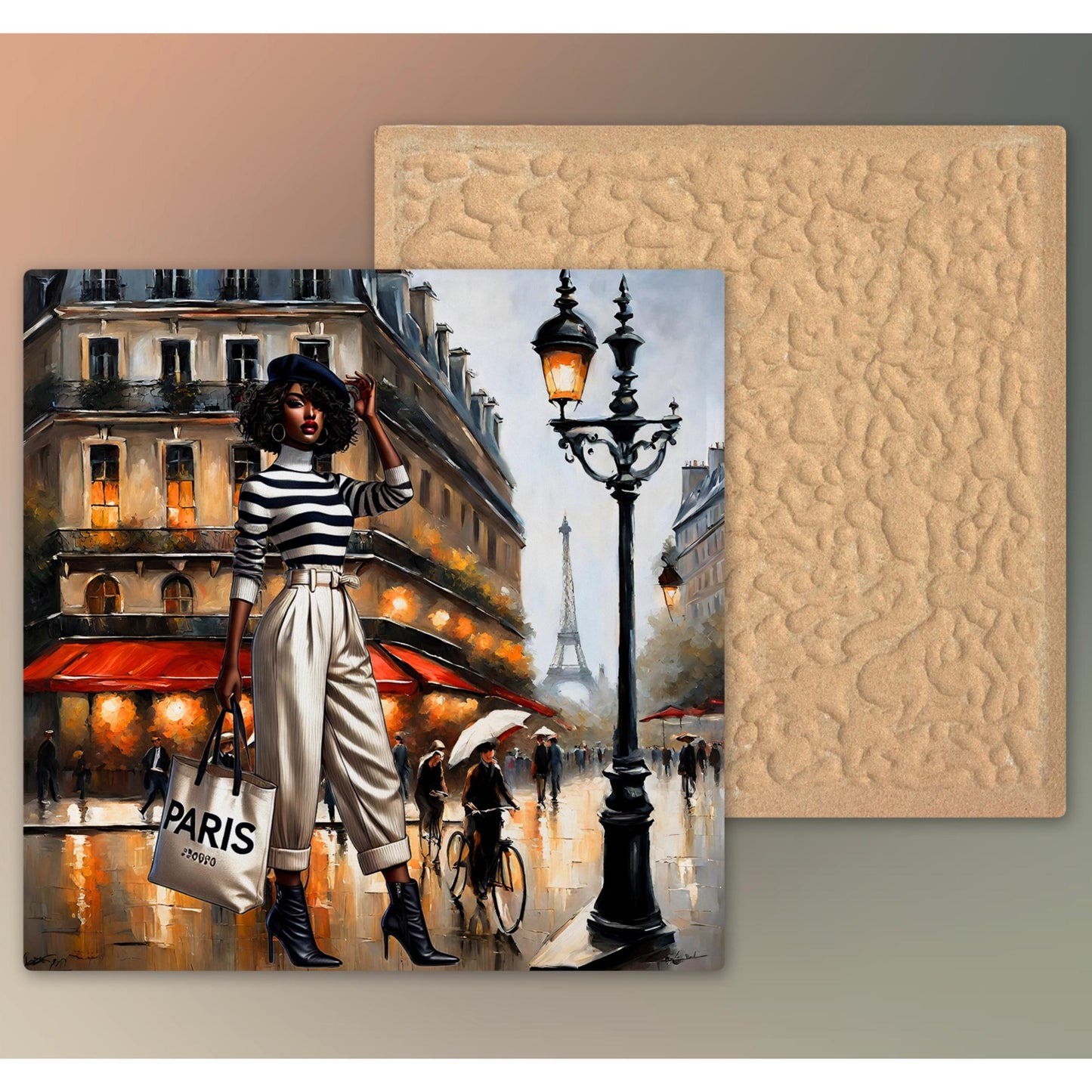 Black Woman in Paris Ceramic Tile - African American Wall Art - Paris Art Print - Eiffel Tower Streetscape - Unique Gift