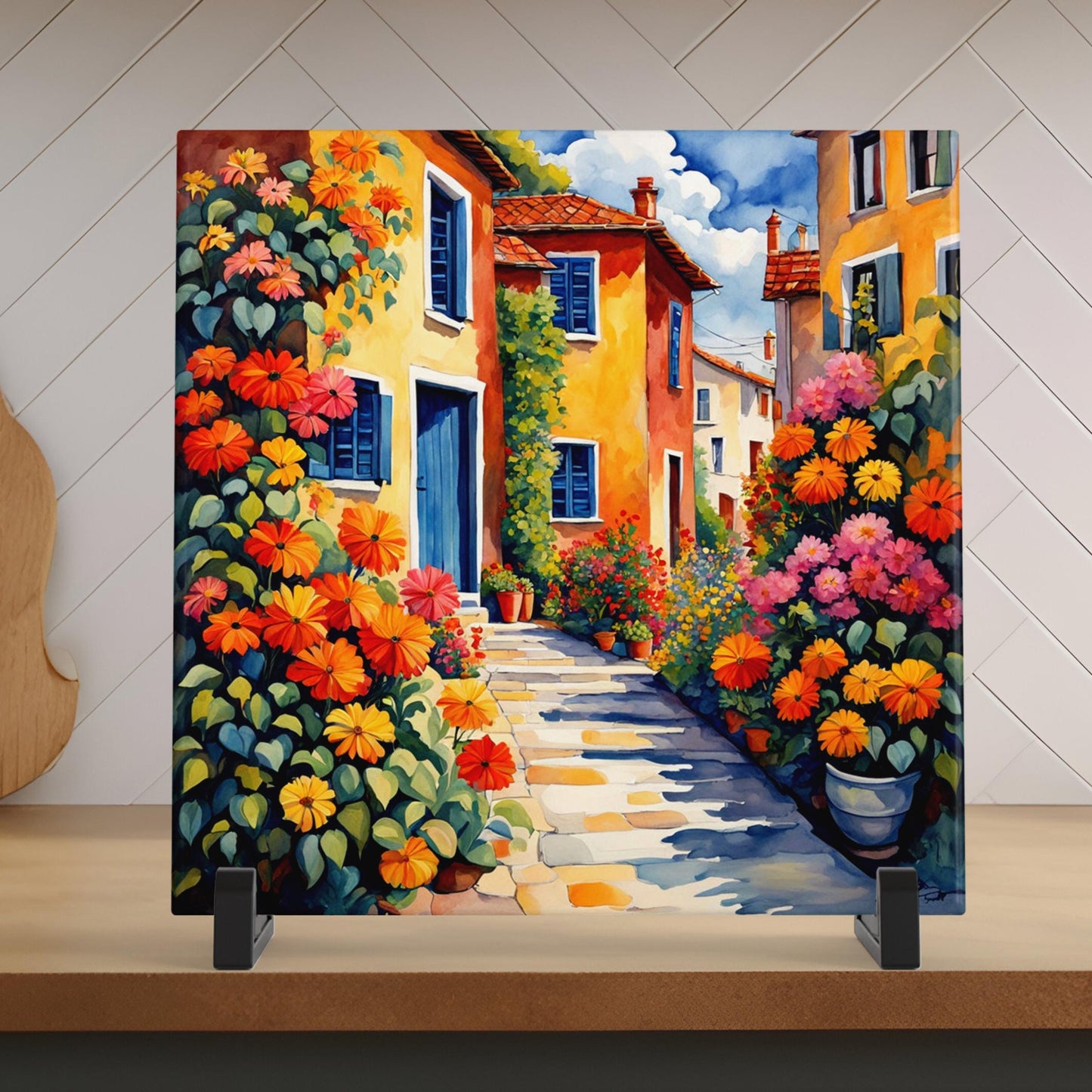 Village Street with Flowers Tile, Handmade Ceramic Wall Decor for Unique Home Accent, Perfect Nature Inspired Gift - Style #1
