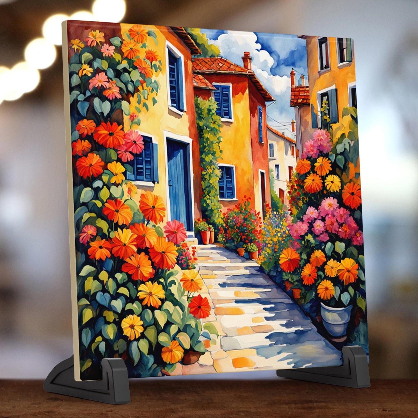 Village Street with Flowers Tile, Handmade Ceramic Wall Decor for Unique Home Accent, Perfect Nature Inspired Gift - Style #1