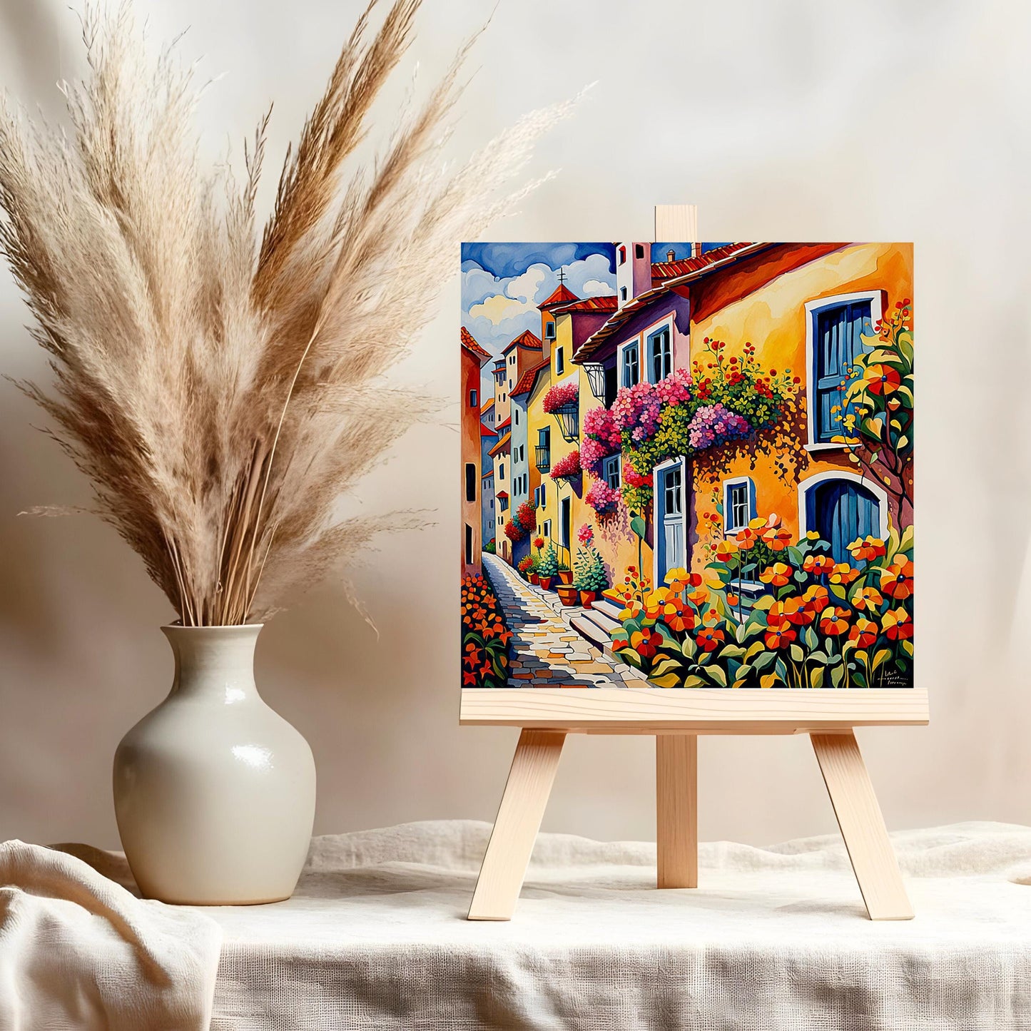 Village Streetscape with Flowers Tile, Handmade Ceramic Wall Decor for Unique Home Accent, Perfect Nature Inspired Gift - Style #2