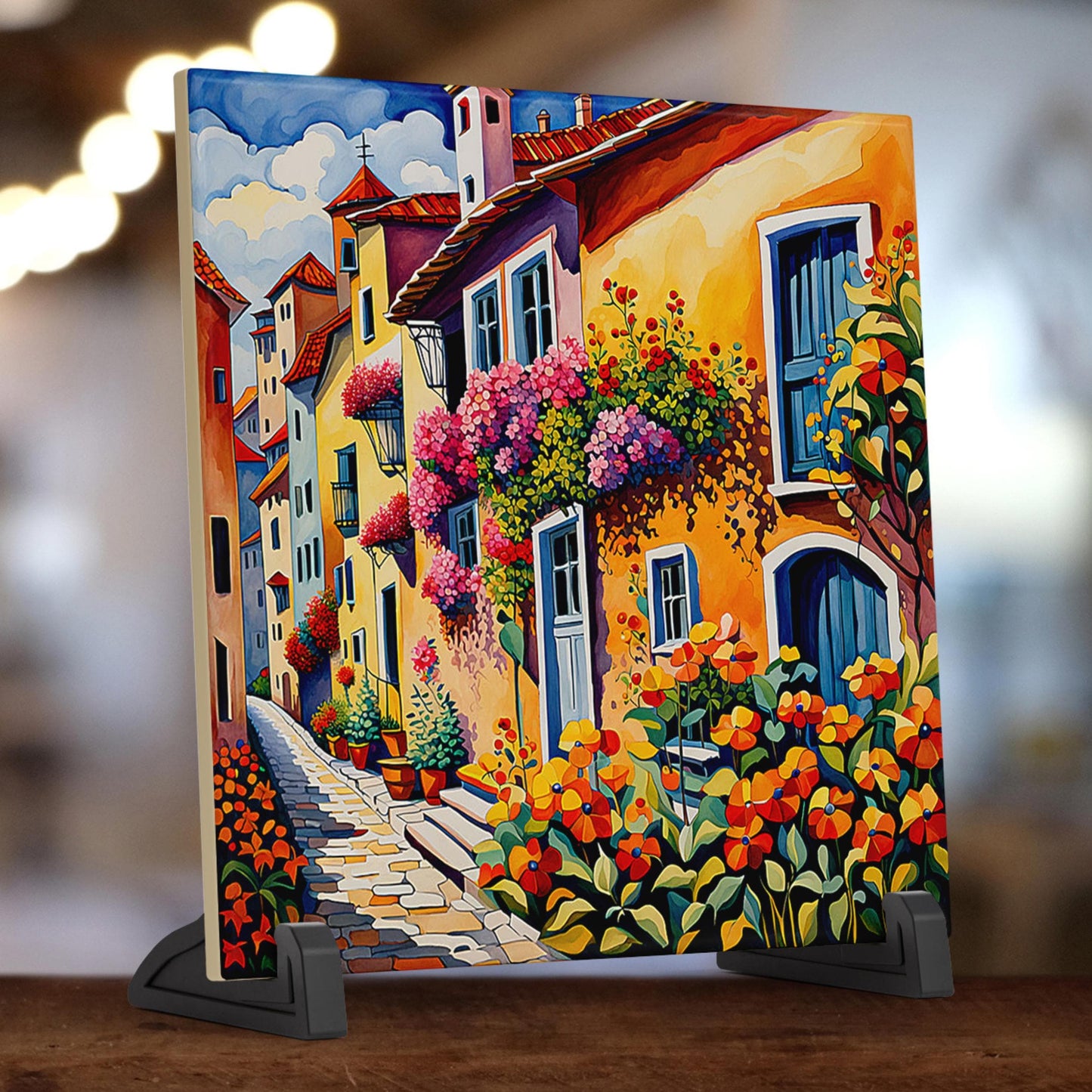 Village Streetscape with Flowers Tile, Handmade Ceramic Wall Decor for Unique Home Accent, Perfect Nature Inspired Gift - Style #2