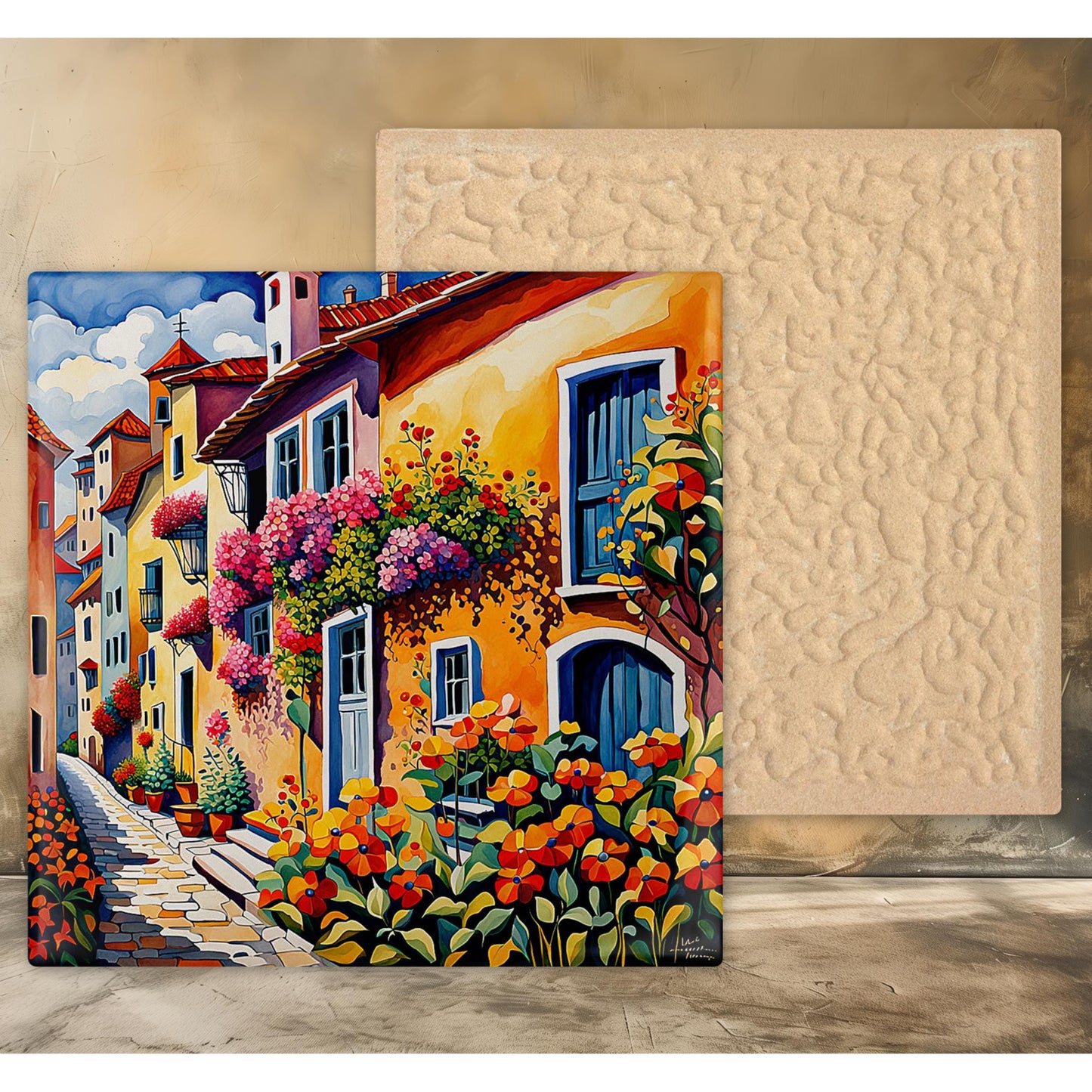 Village Streetscape with Flowers Tile, Handmade Ceramic Wall Decor for Unique Home Accent, Perfect Nature Inspired Gift - Style #2