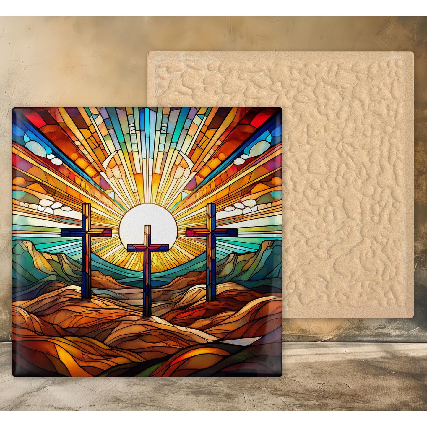 Christian Cross Ceramic Art Tile, Stained Glass Look Religious Decor, Vibrant Easter Art, He Is Risen - Wall Tiles