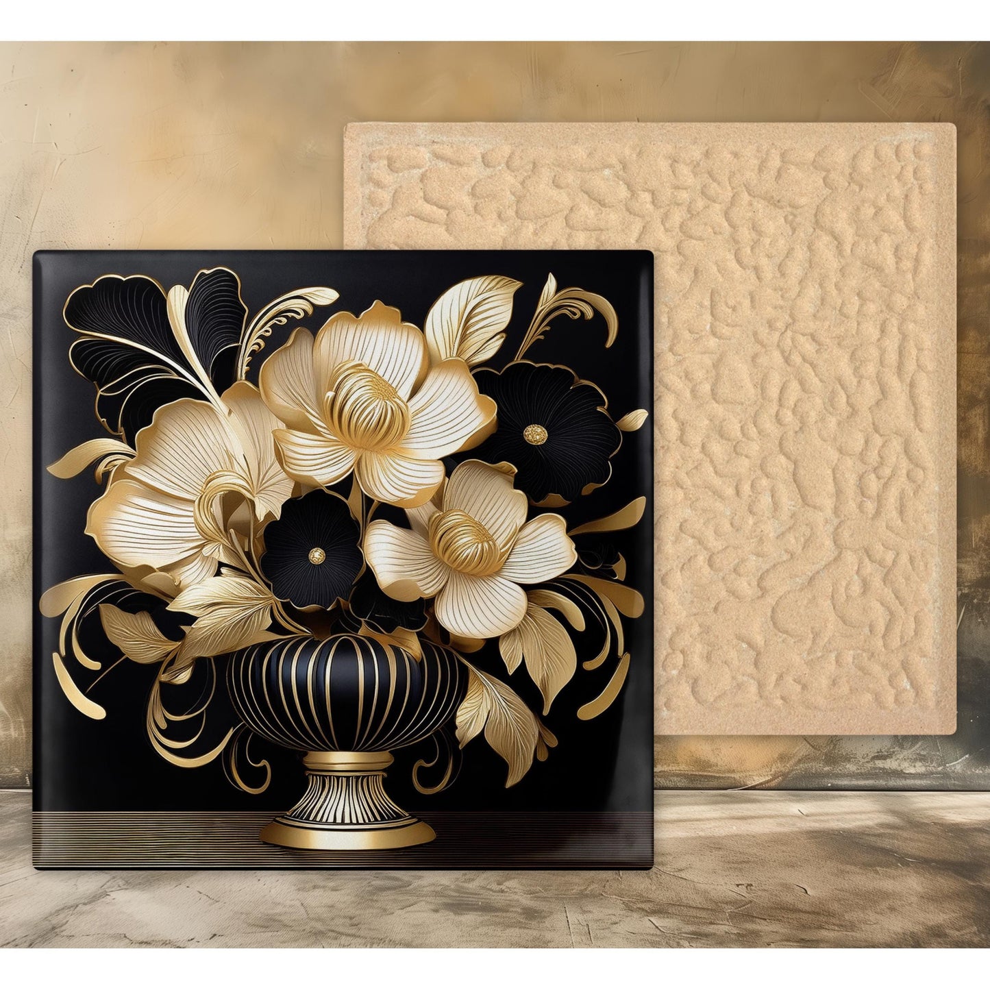 Art Deco Black and Gold Flowers in Vase Ceramic Tile Art - Stunning Art Nouveau Decorative Wall Hanging - Elegant Home Decor