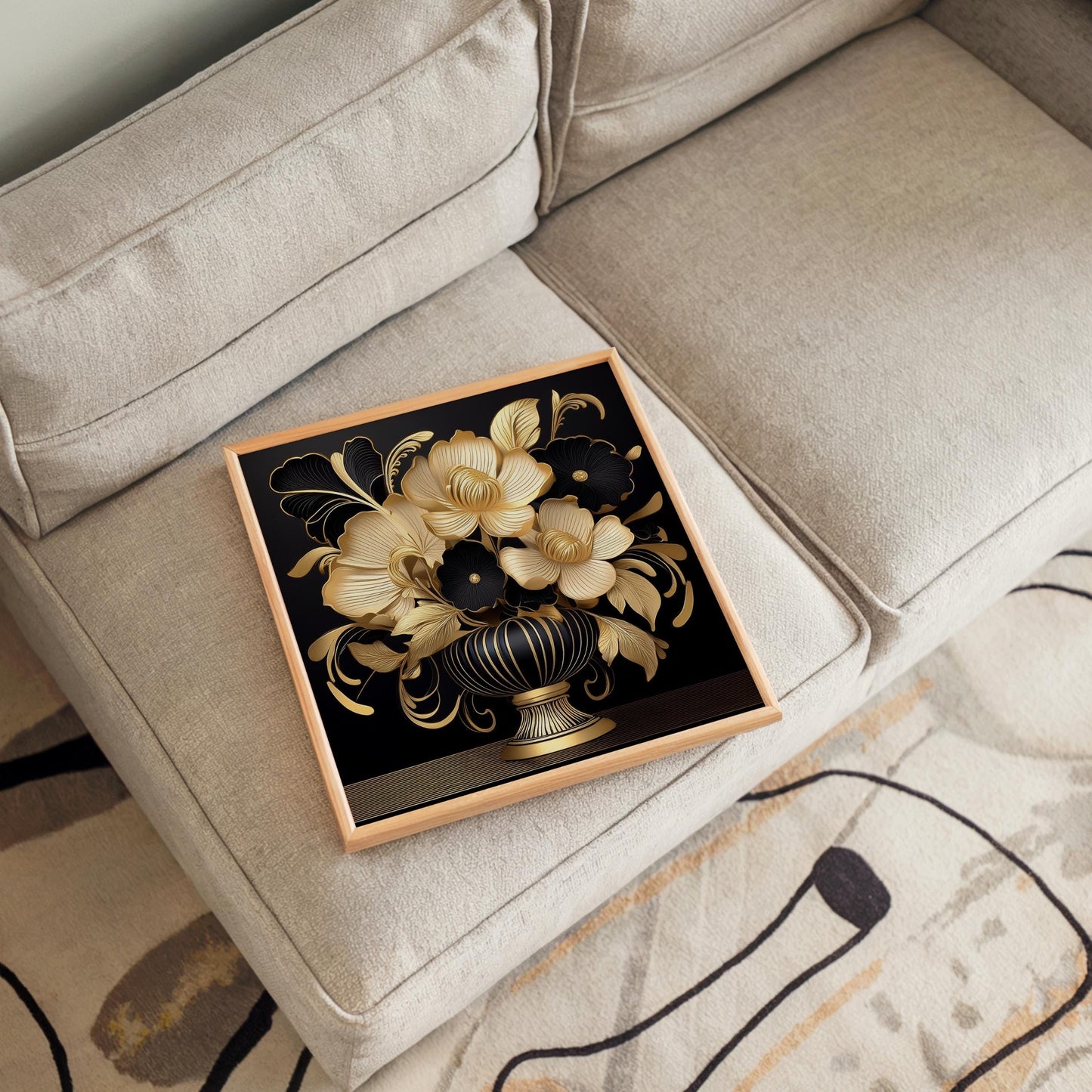 Art Deco Black and Gold Flowers in Vase Ceramic Tile Art - Stunning Art Nouveau Decorative Wall Hanging - Elegant Home Decor