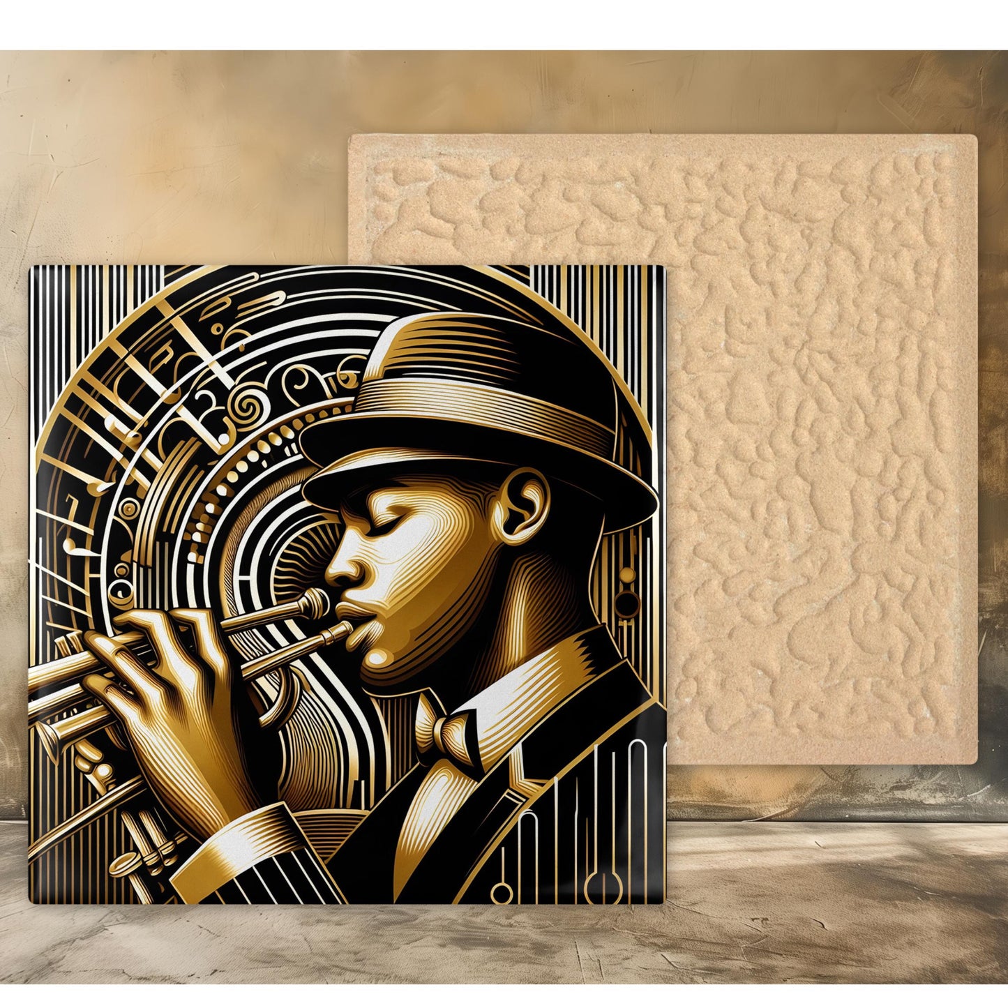 Art Nouveau Ceramic Tile - New Orleans Jazz Player - Art Deco Stunning Black and Gold Decorative Wall Hanging - Black Art - Home Decor