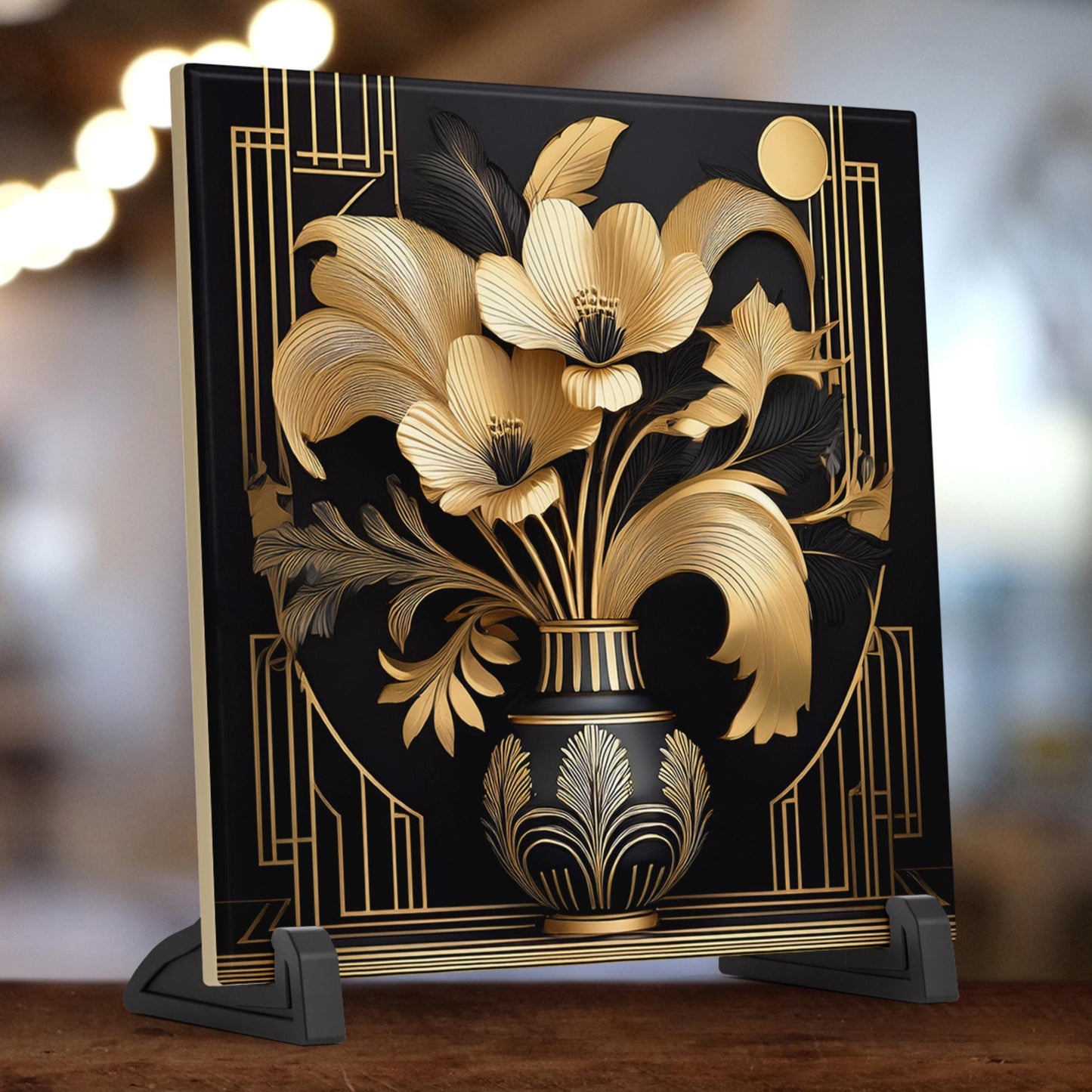 Art Nouveau Ceramic Art Tile Black and Gold Flowers in Vase - Stunning Art Nouveau Decorative Wall Hanging - Elegant Home Decor - II