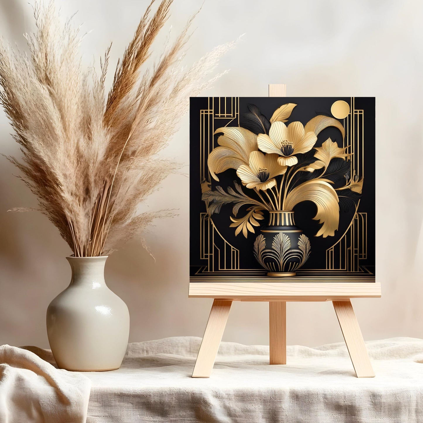 Art Nouveau Ceramic Art Tile Black and Gold Flowers in Vase - Stunning Art Nouveau Decorative Wall Hanging - Elegant Home Decor - II