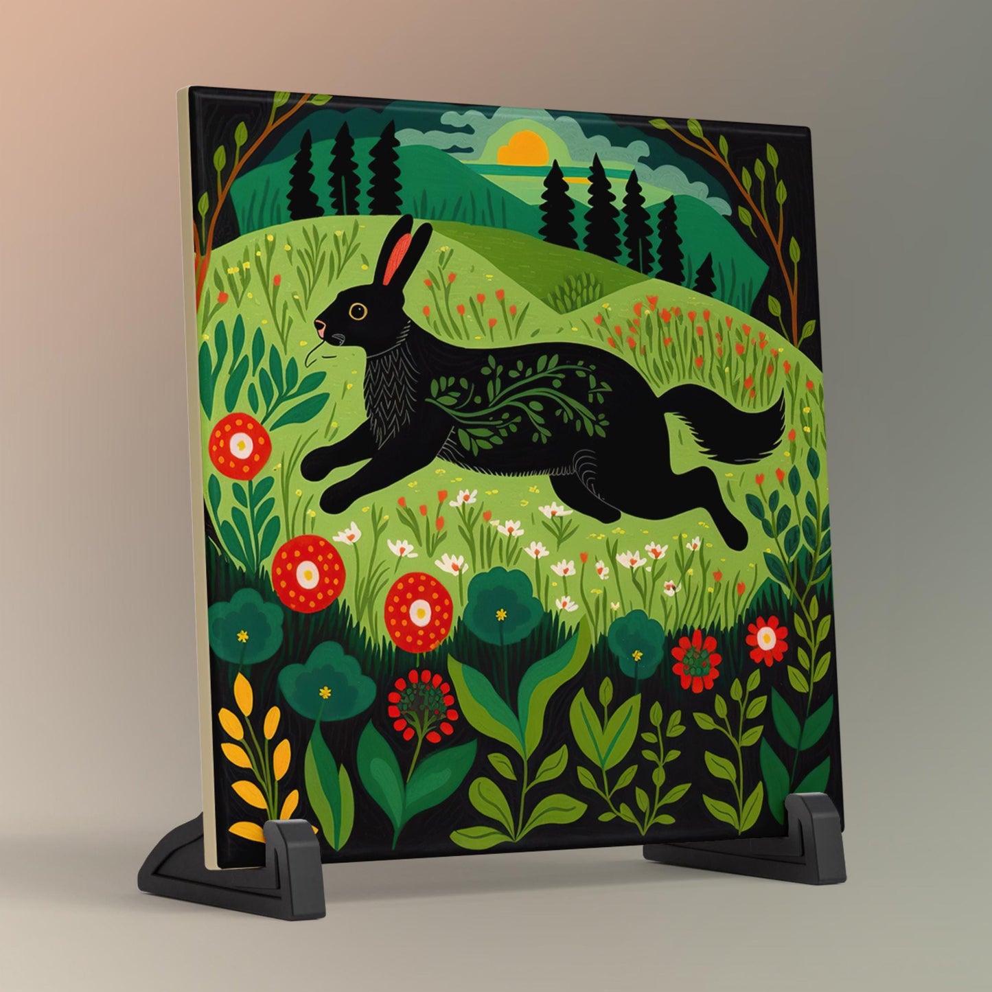 Rabbit Folk Art Ceramic Tile | Rabbit Art | Ceramic Wall Tile | Spring Decor | Bunny Art | Spring Home Decor