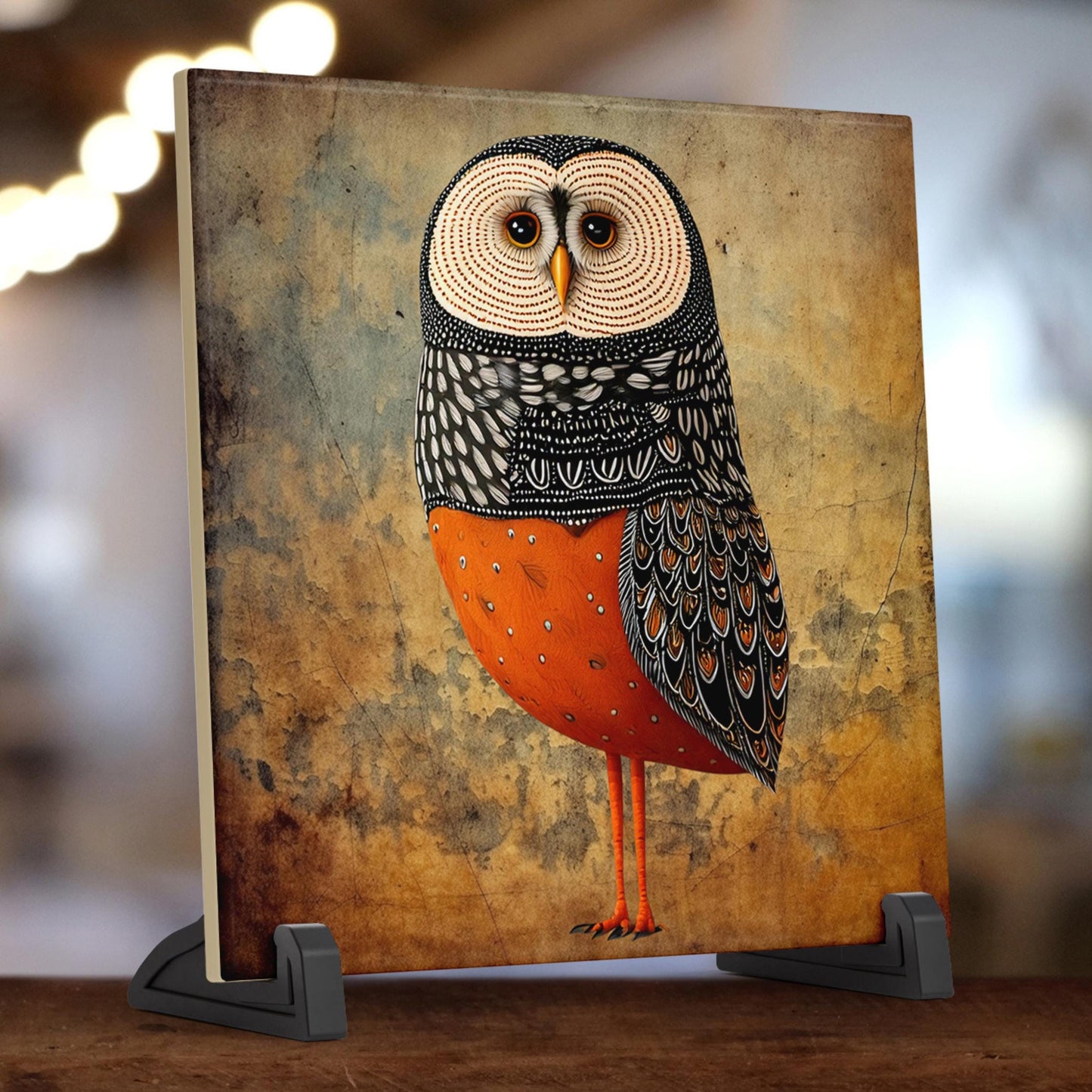 Whimsical Owl Folk Art Ceramic Tile - Unique Nature Lovers Decor - Minimalist Wall Hanging for Gift Giving - Artisan Home Wall Tiles
