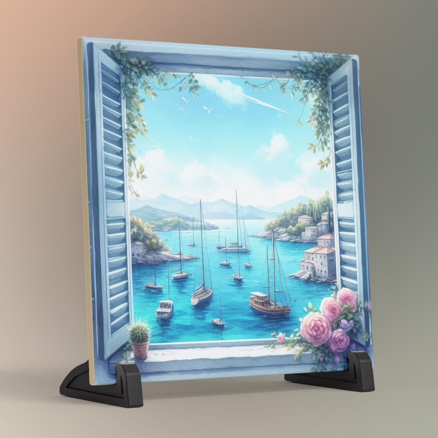 Beach View Window Ceramic Tile | Coastal Art with Sailboats | Nautical Decor | Ocean Art