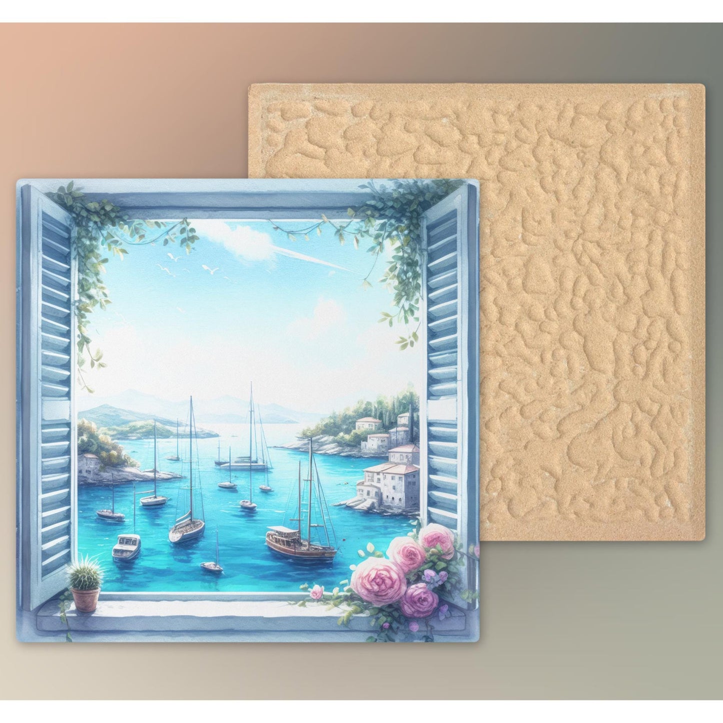 Beach View Window Ceramic Tile | Coastal Art with Sailboats | Nautical Decor | Ocean Art