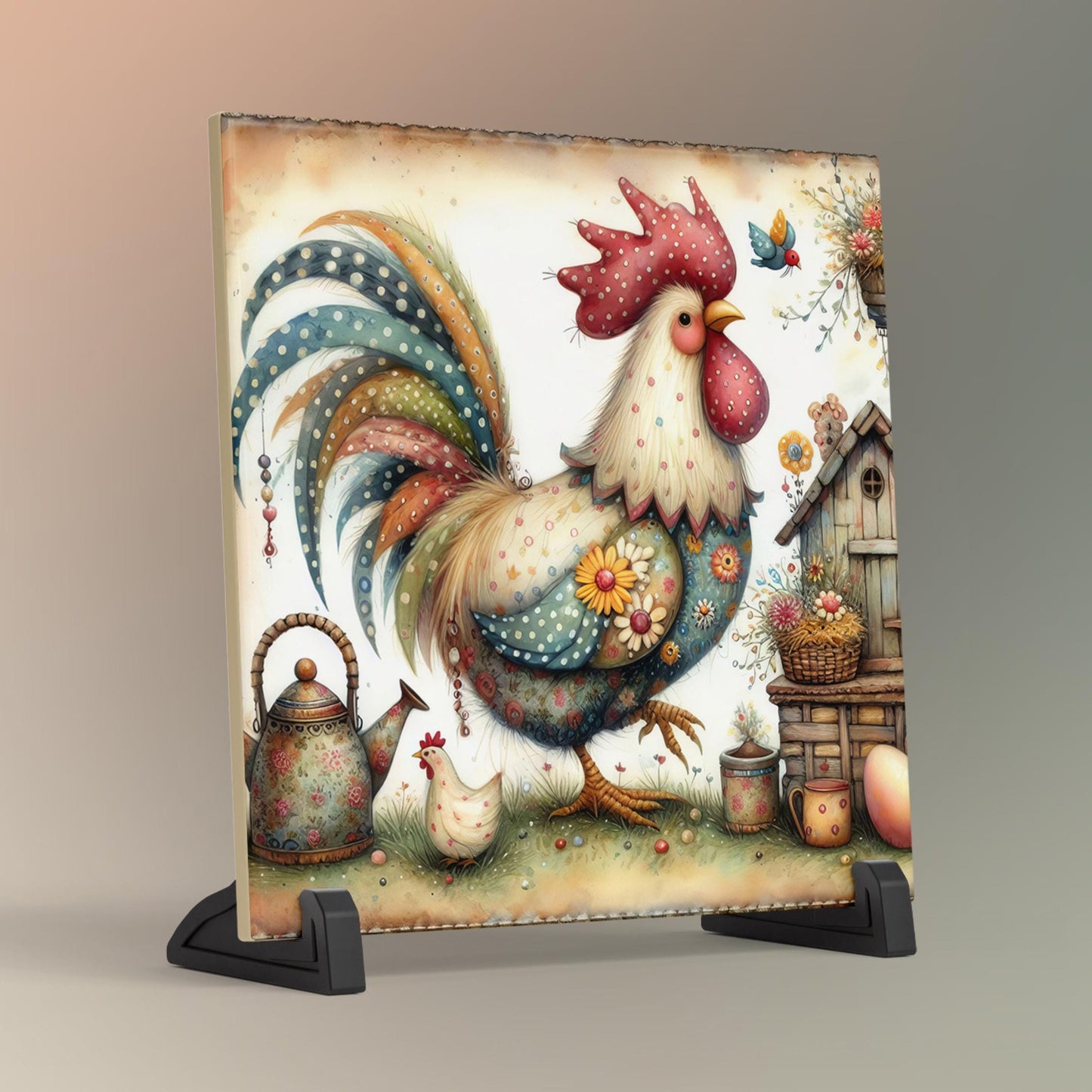 Folk Art Rooster Ceramic Tile | Whimsical Kitchen Decor | Farmhouse Style | Country Chic Rooster Art
