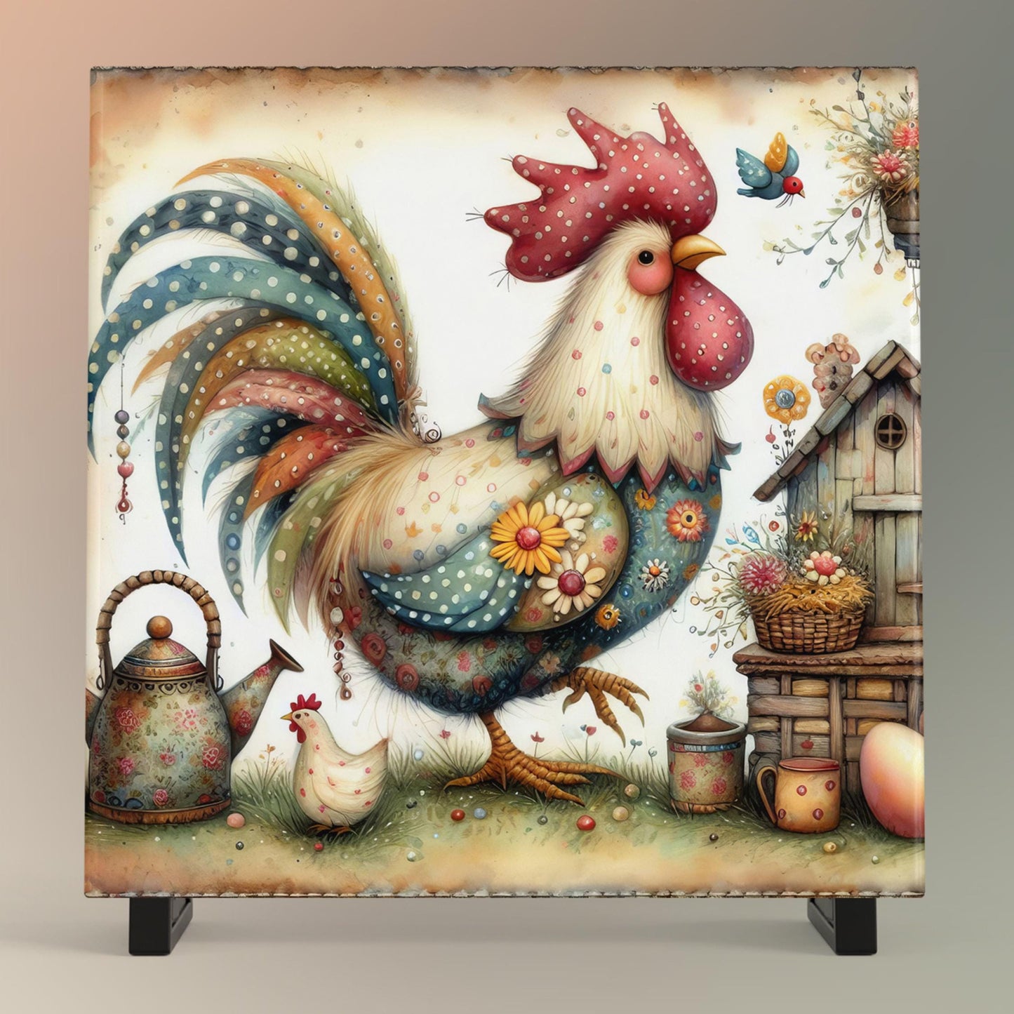 Folk Art Rooster Ceramic Tile | Whimsical Kitchen Decor | Farmhouse Style | Country Chic Rooster Art