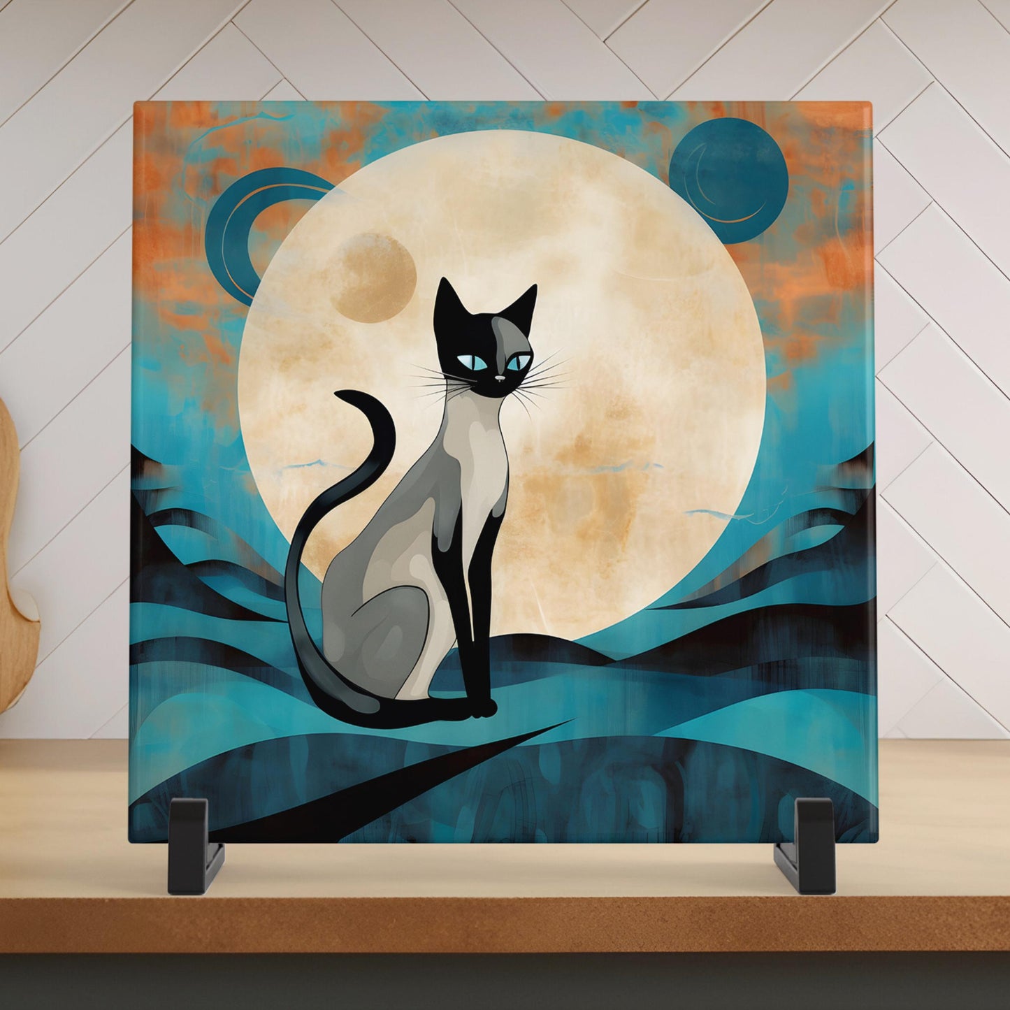 Siamese Cat Ceramic Art Tile, Minimalist Handmade Boho Ceramic Wall Decor for Unique Home Accent, Perfect Cat Lovers Gift, Cat Art