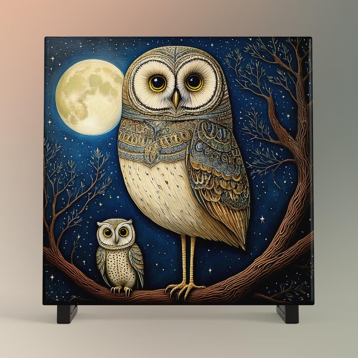 Owls in the Moonlight Tile Art, Unique Minimalist Bird Home Decor, Ideal Gift for Nature Lovers and Owl Enthusiasts