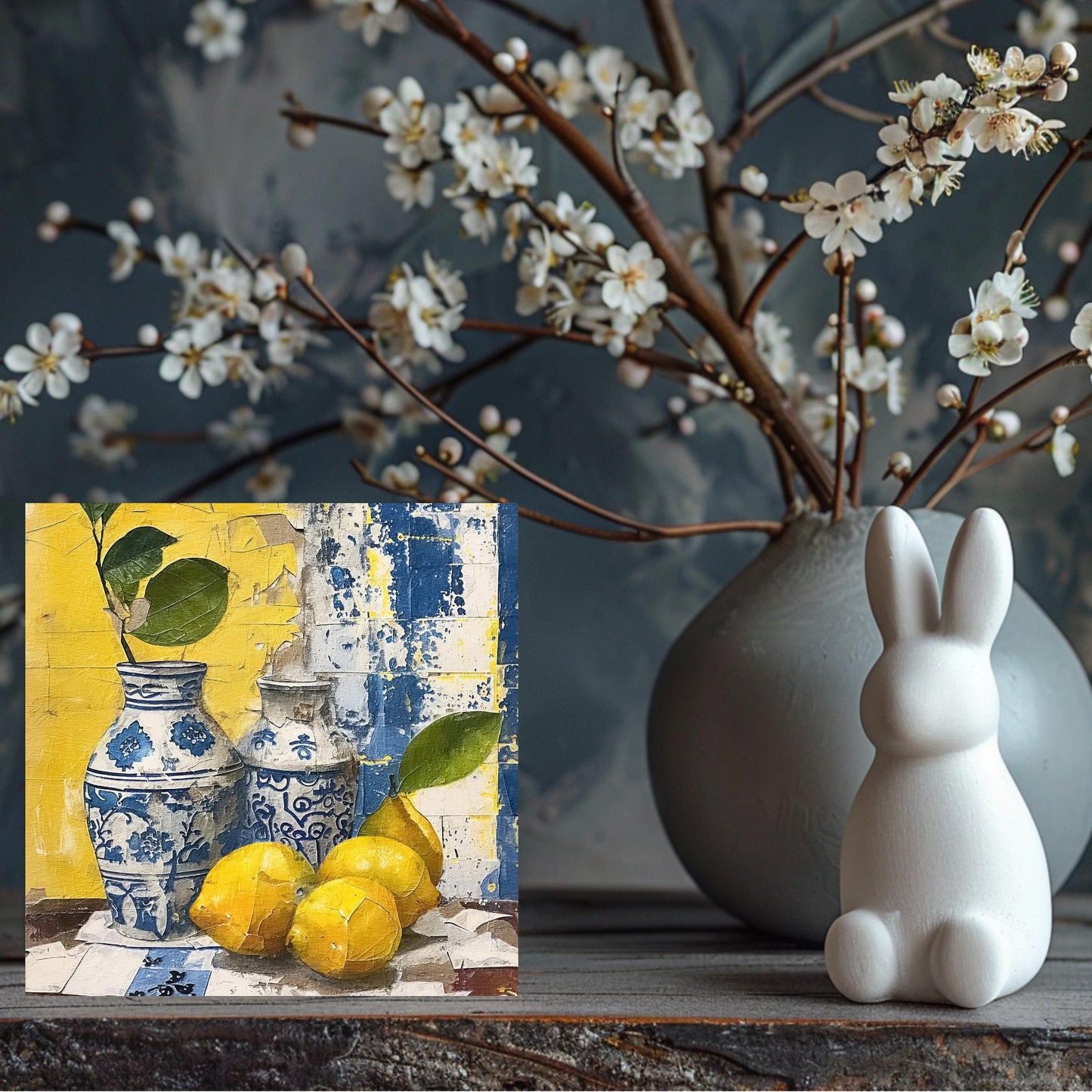 Luxurious Mediterranean Citrus and Blue Tile Art, Boho Kitchen Decor, Vintage Rustic Wall Art, Lisbon Inspired Coastal Artwork